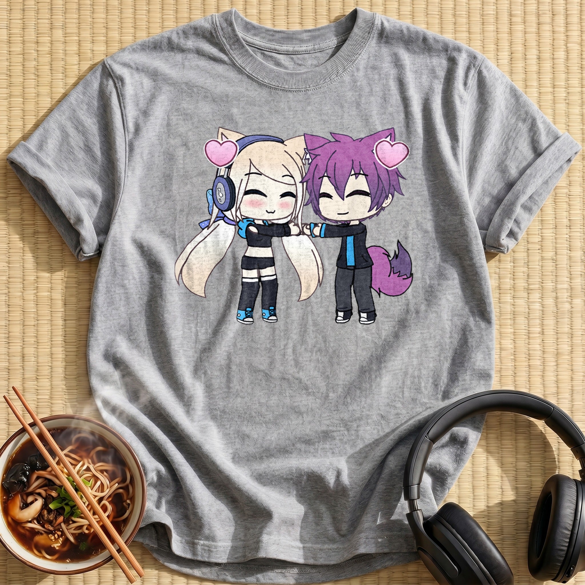 Chibi Cat Ear Couple Hearts - Sport Grey