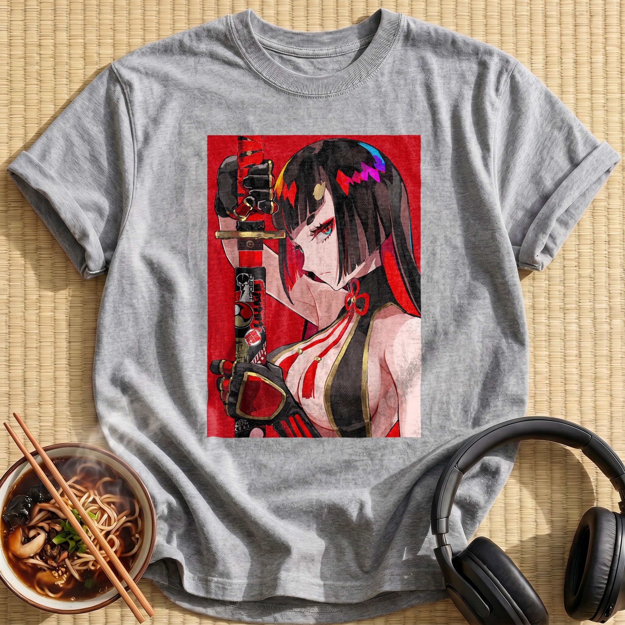 Fierce Katana Warrior Waifu Red Background - Sport Grey