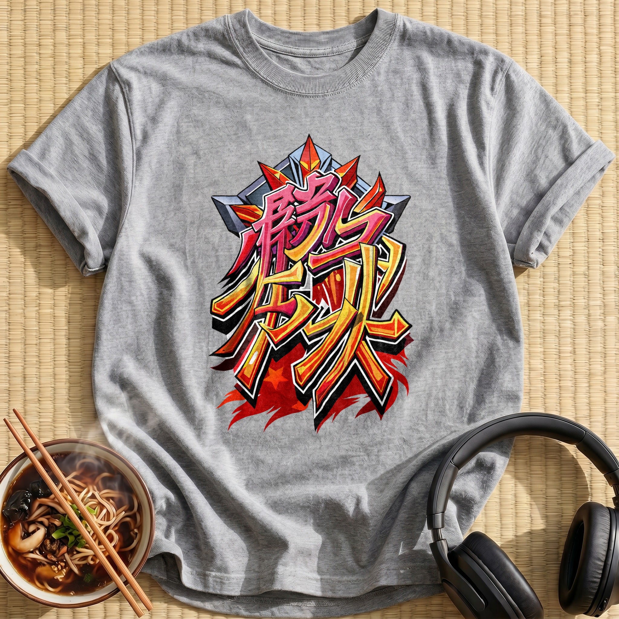 Fiery Red Kanji Graffiti Lettering - Sport Grey