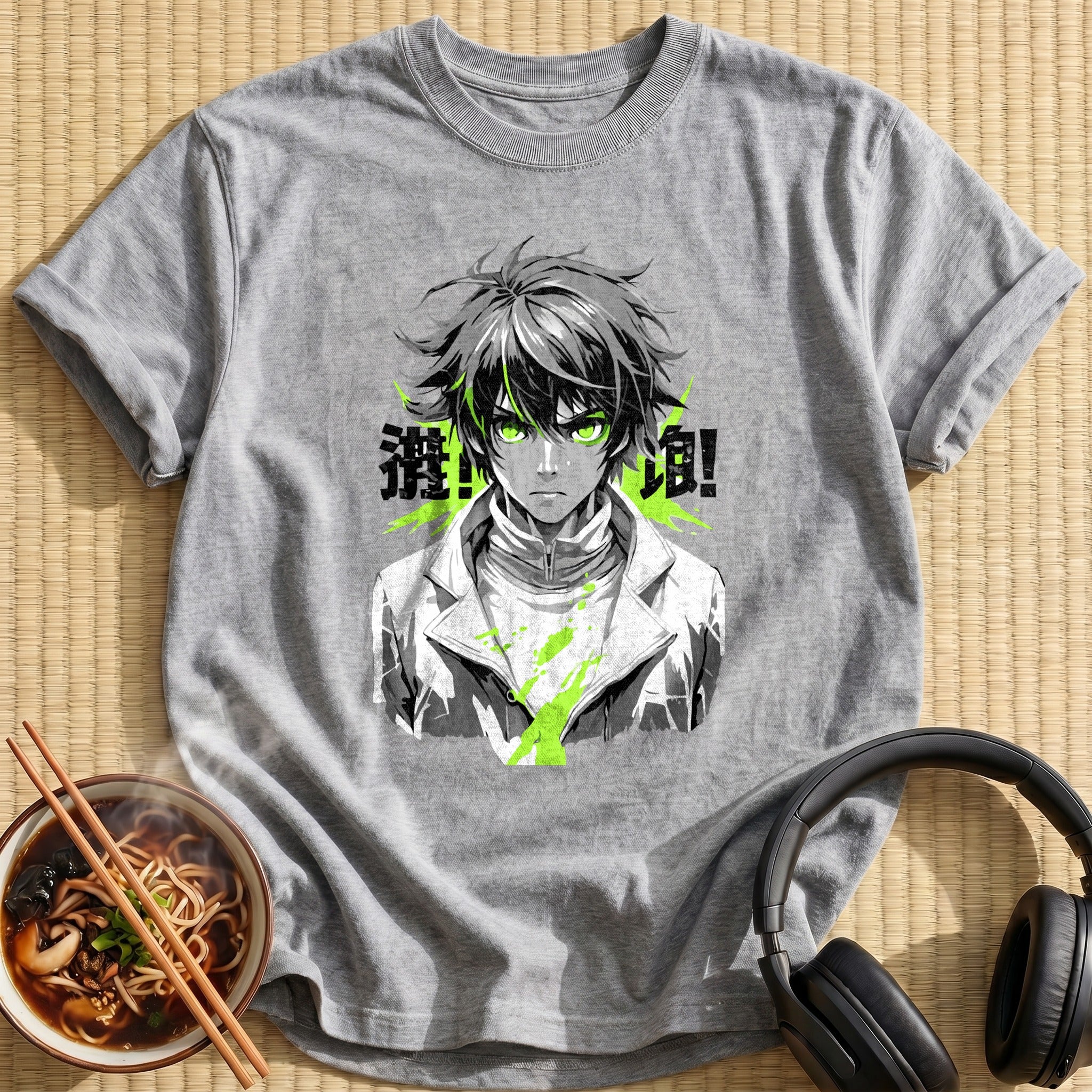 Green Eyed Anime Boy Monochrome Portrait - Sport Grey