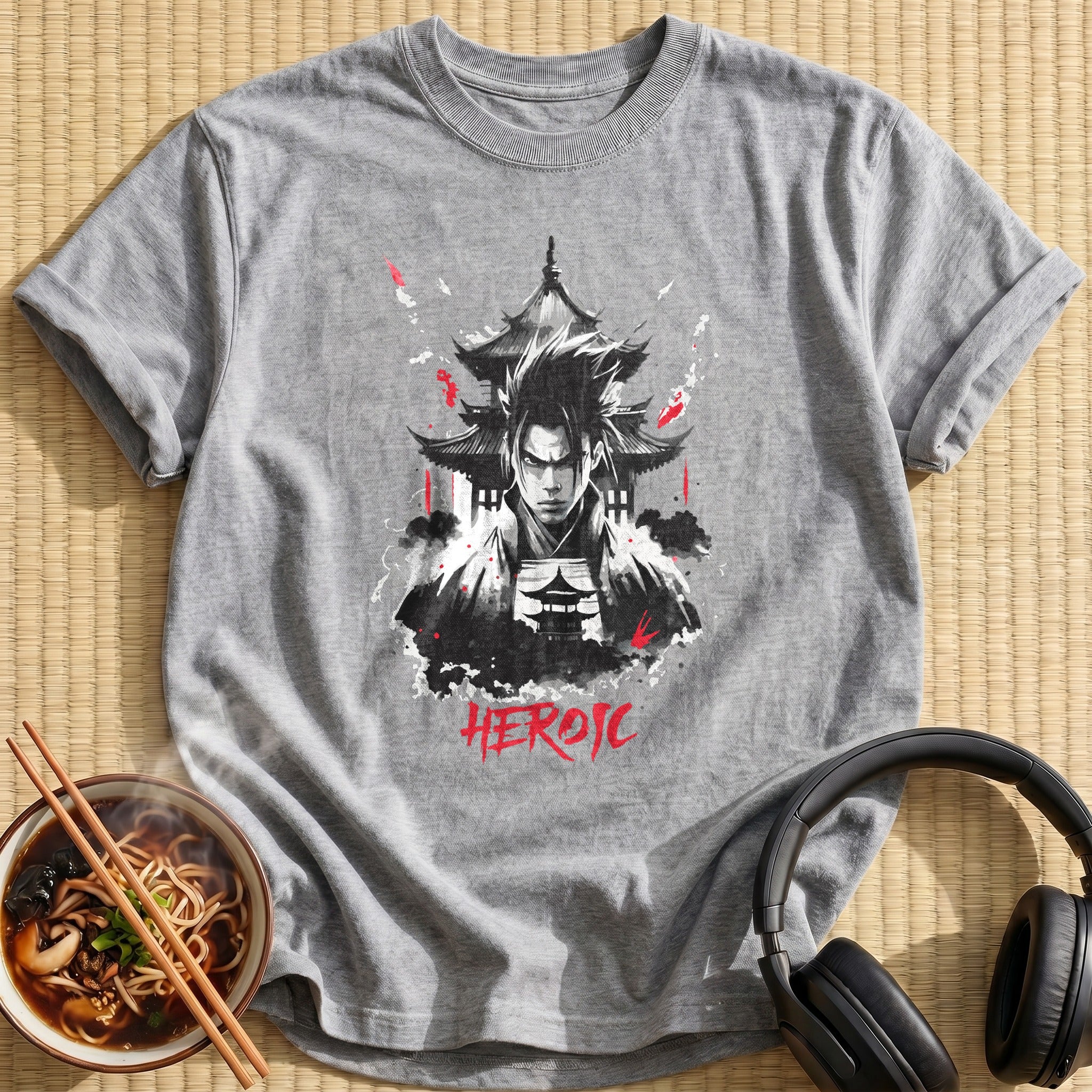 Heroic Samurai Warrior Pagoda Ink Portrait - Sport Grey