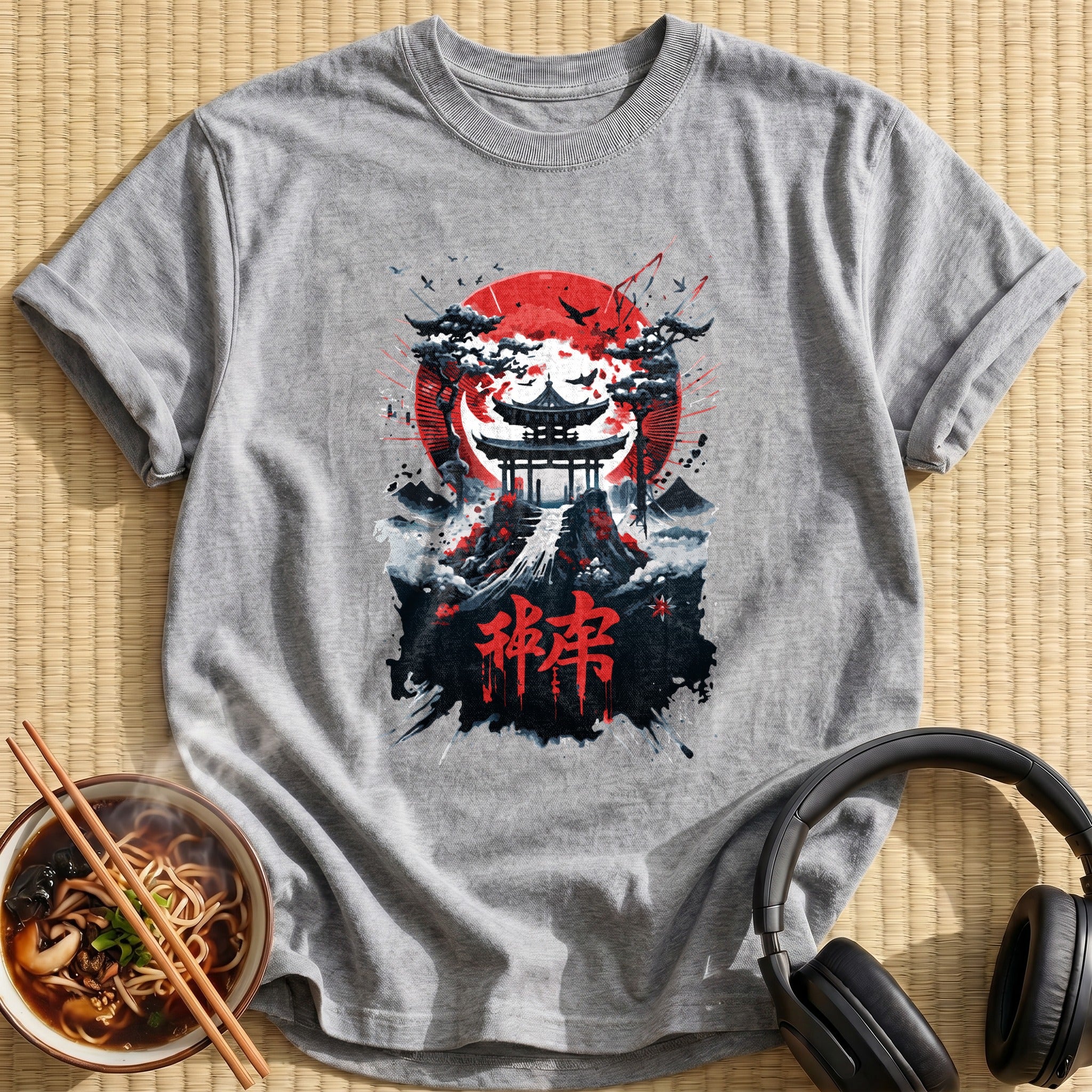Japanese Temple Red Sun Landscape - Sport Grey