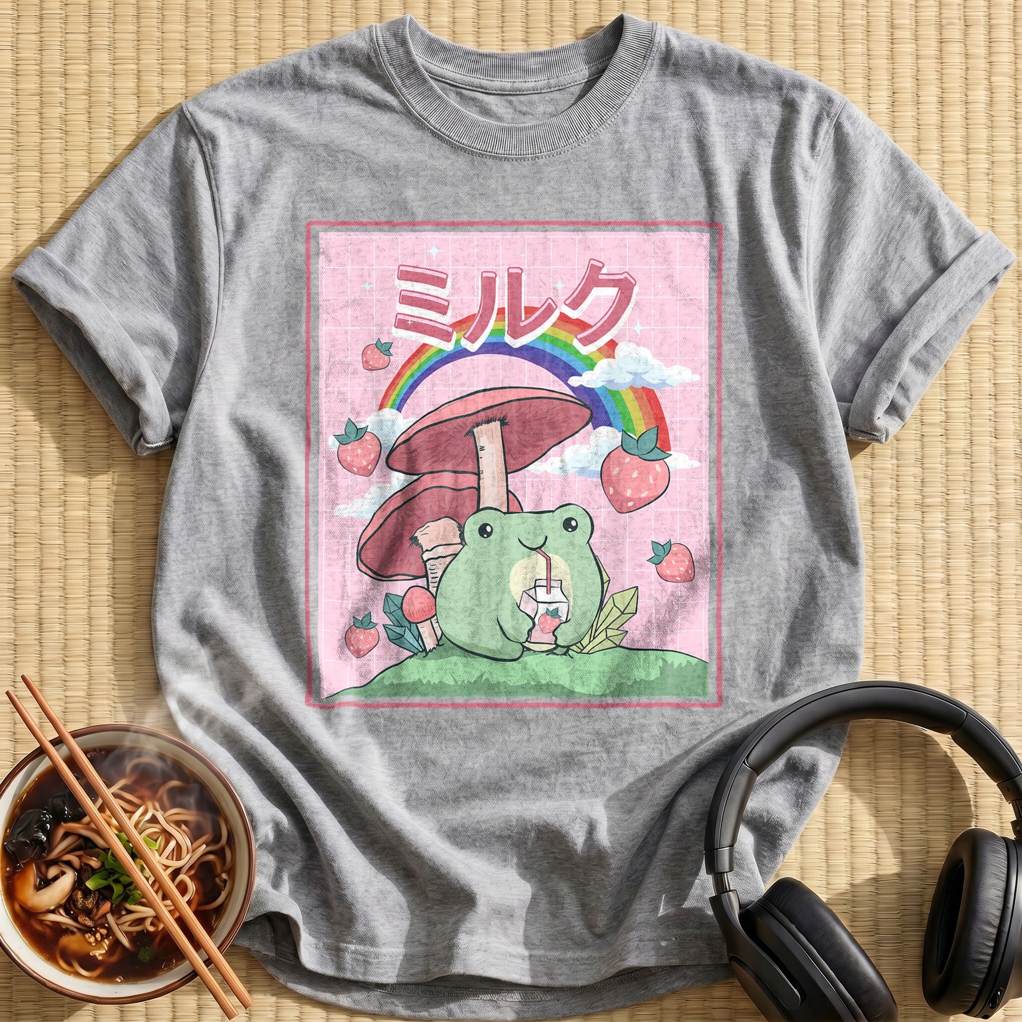 Kawaii Frog Mushroom Rainbow Strawberries - Sport Grey