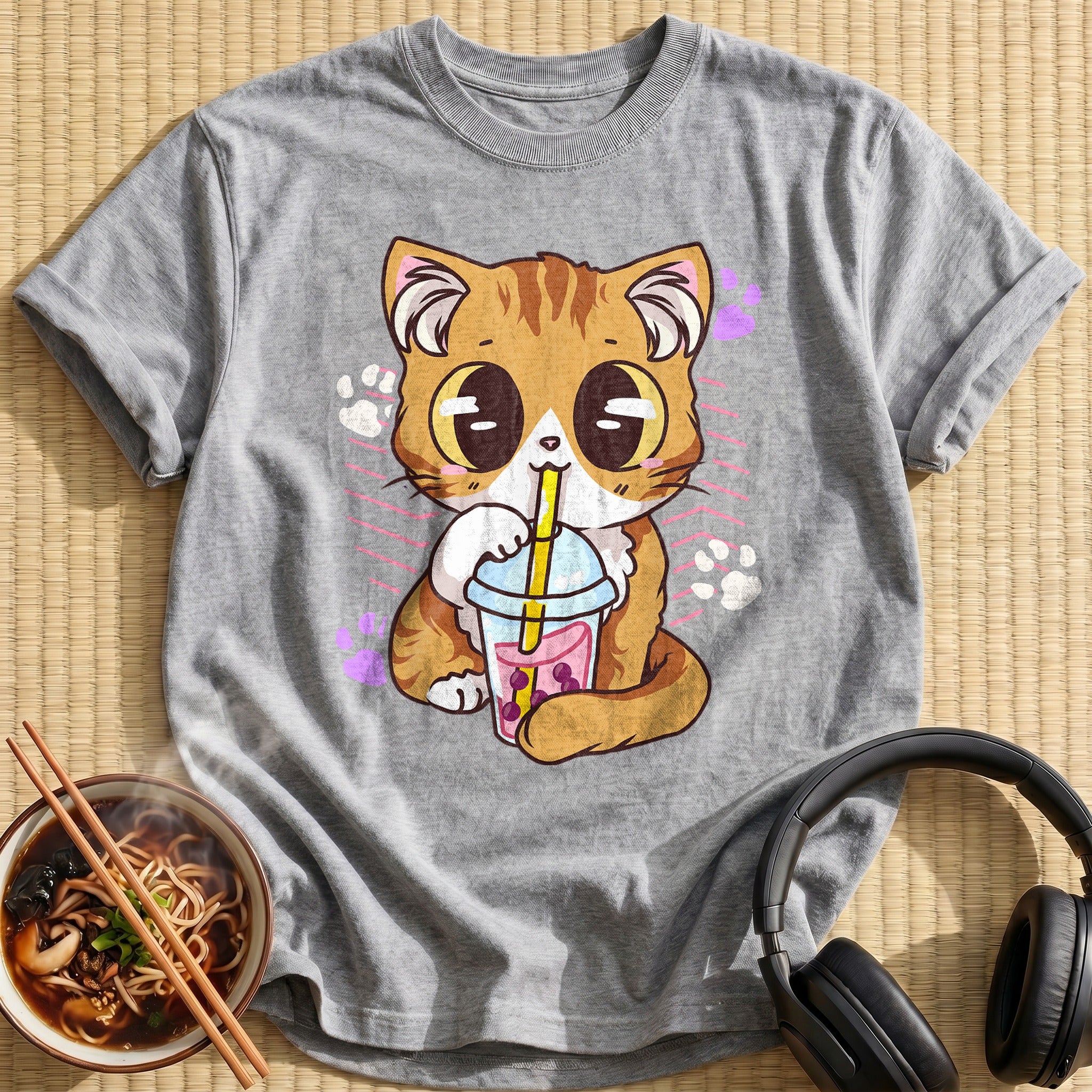 Kawaii Kitten Sipping Bubble Tea - Sport Grey