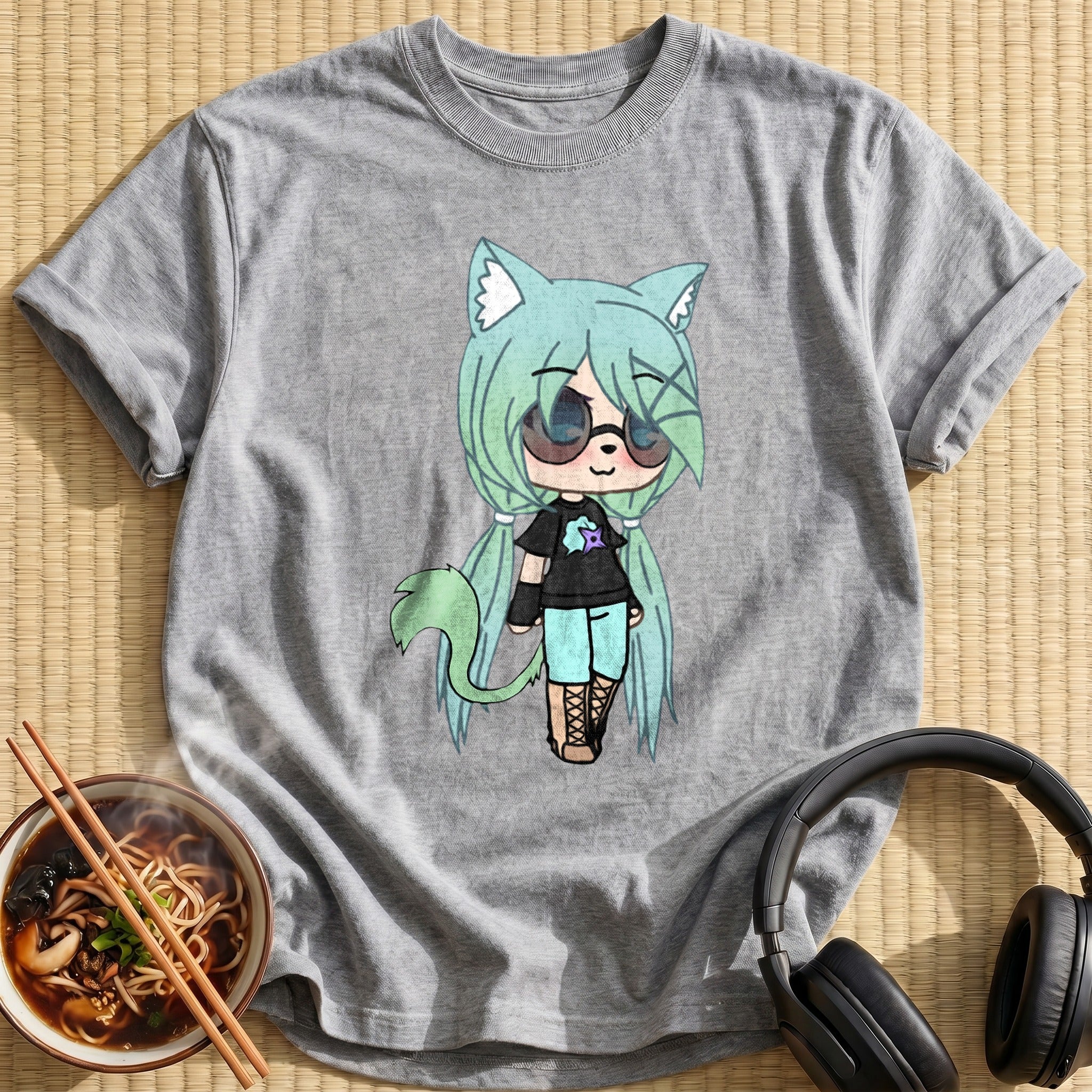 Mint Hair Chibi Tomboy Catgirl - Sport Grey