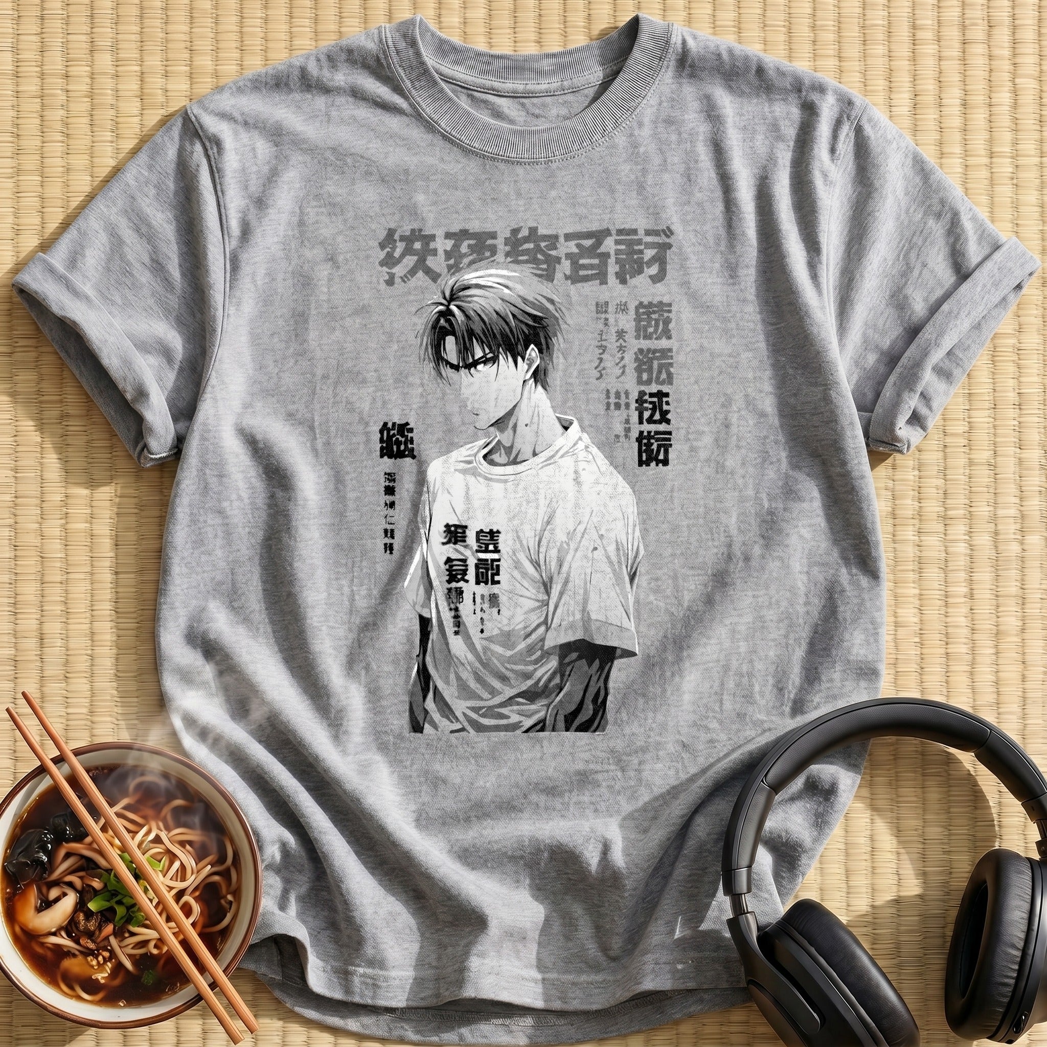 Monochrome Anime Man Casual Tee Portrait - Sport Grey