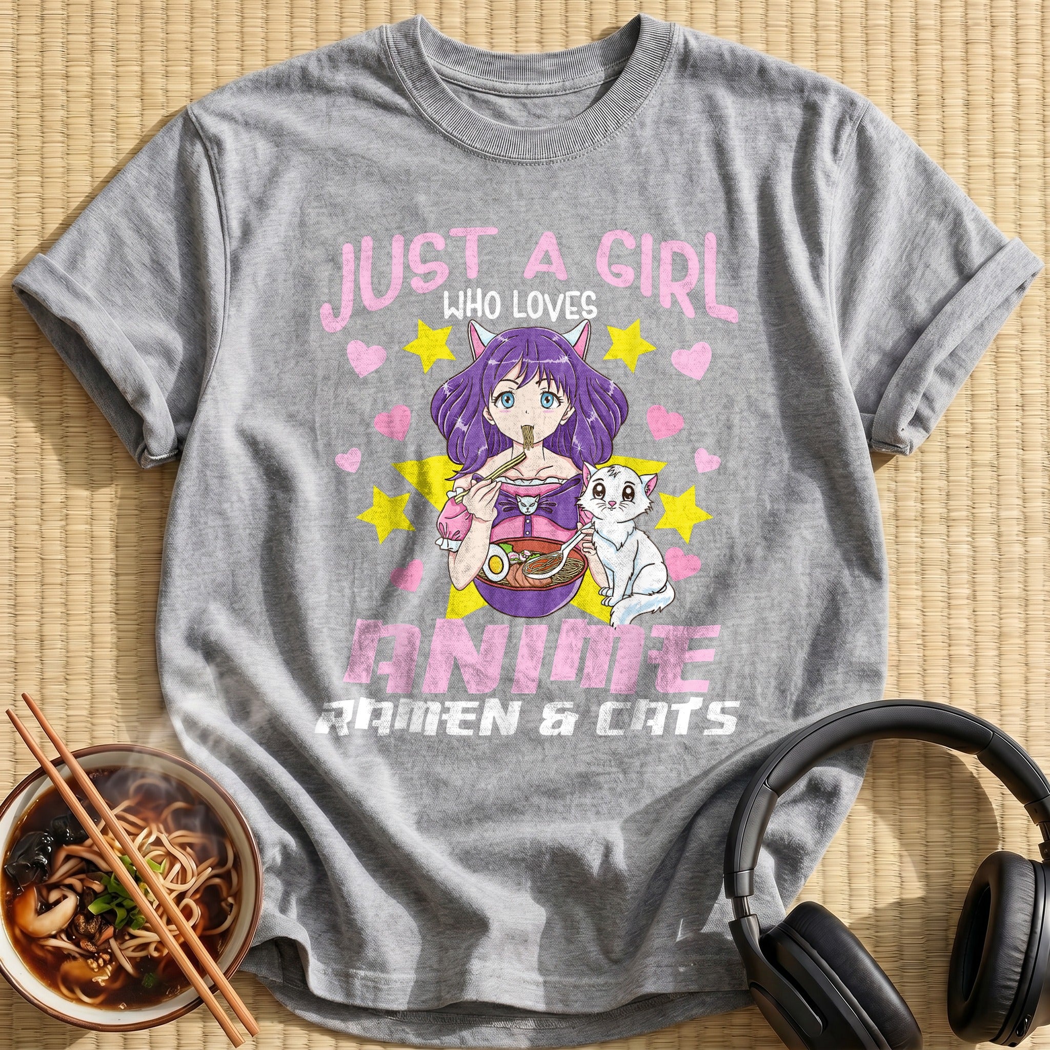 Purple Girl Eating Ramen White Cat - Sport Grey