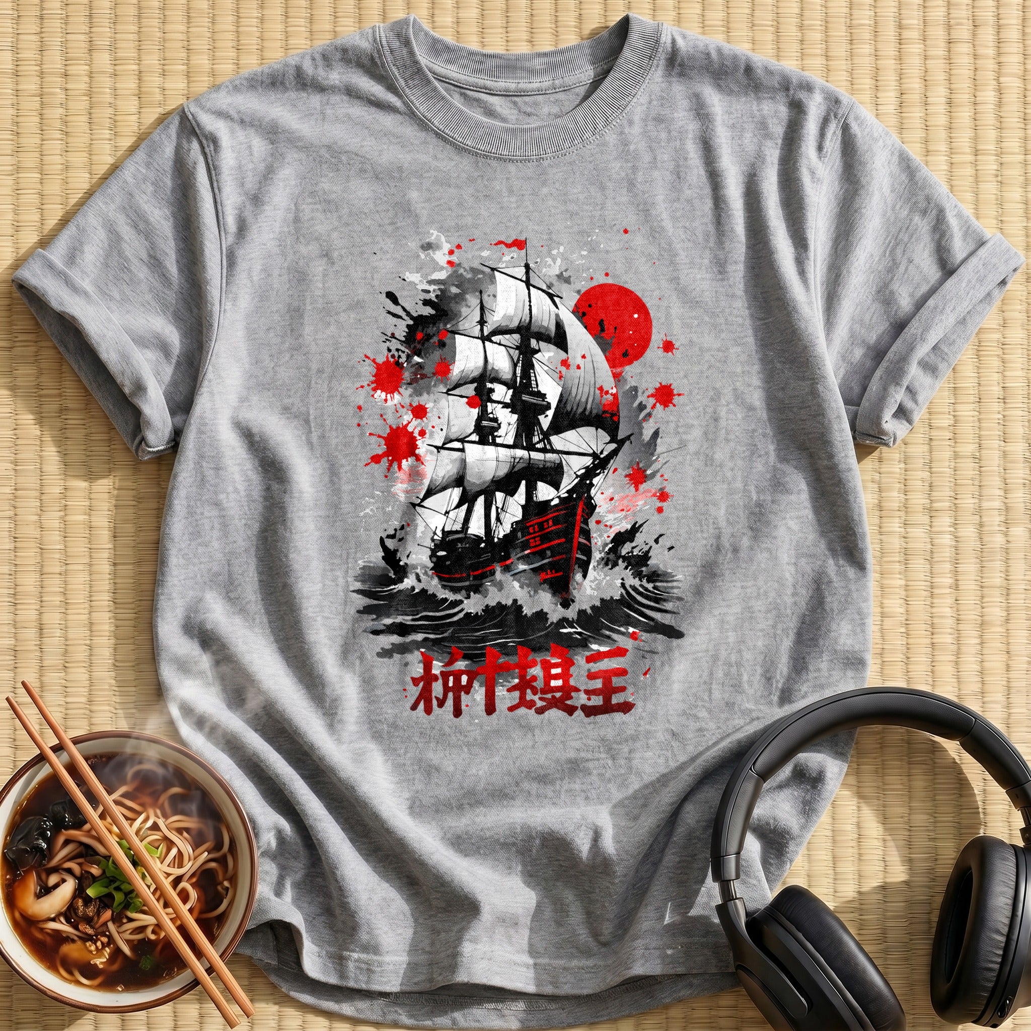 Red Sun Pirate Ship Inksplatter - Sport Grey