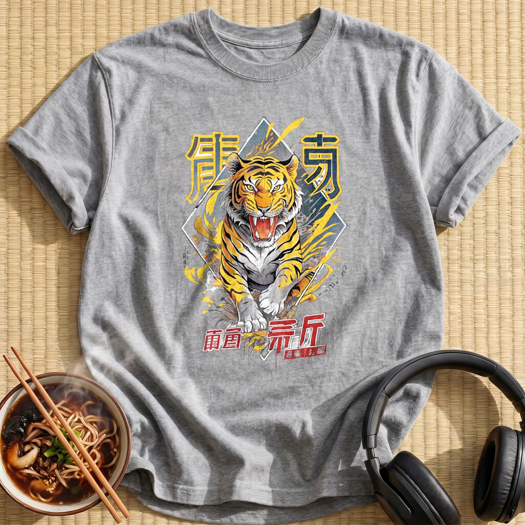 Roaring Yellow Tiger Lightning Kanji - Sport Grey