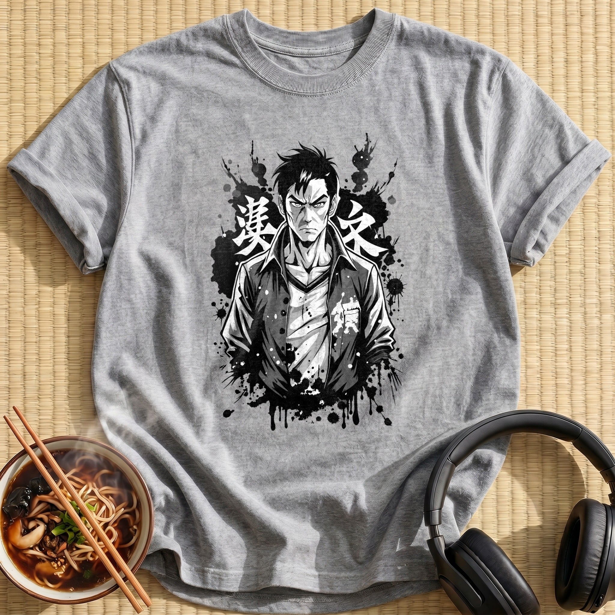 Serious Manga Man Ink Splatter - Sport Grey