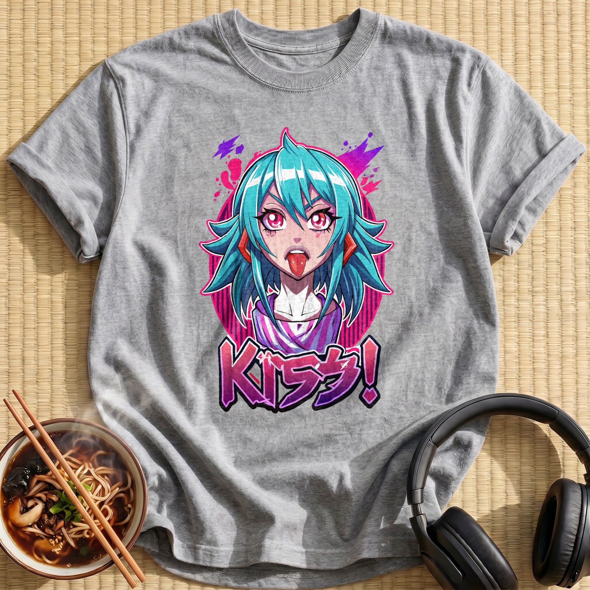 Teal Hair Anime Girl Kiss - Sport Grey