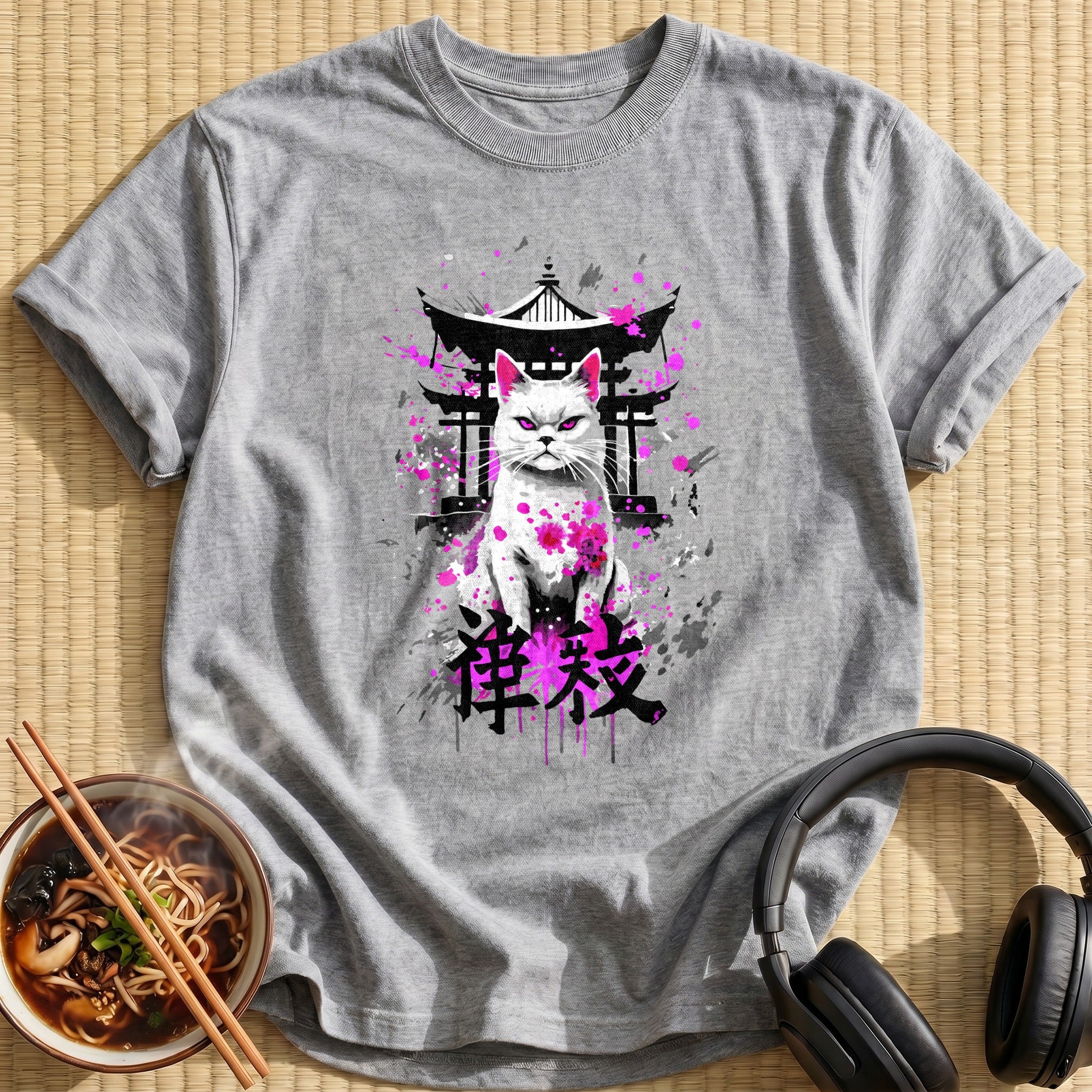 White Cat Pink Splatter Shrine - Sport Grey