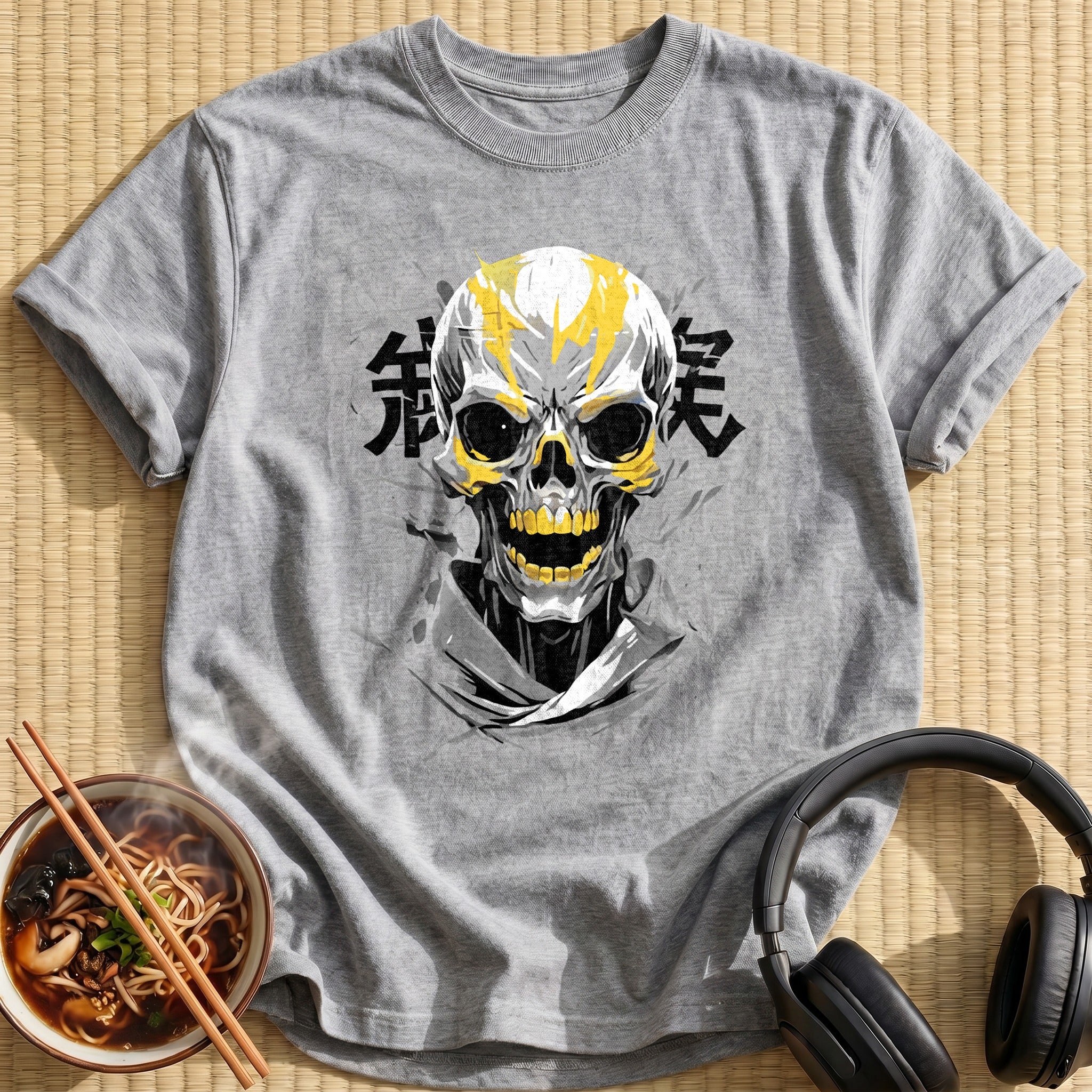 Yellow Flame Grinning Human Skull - Sport Grey
