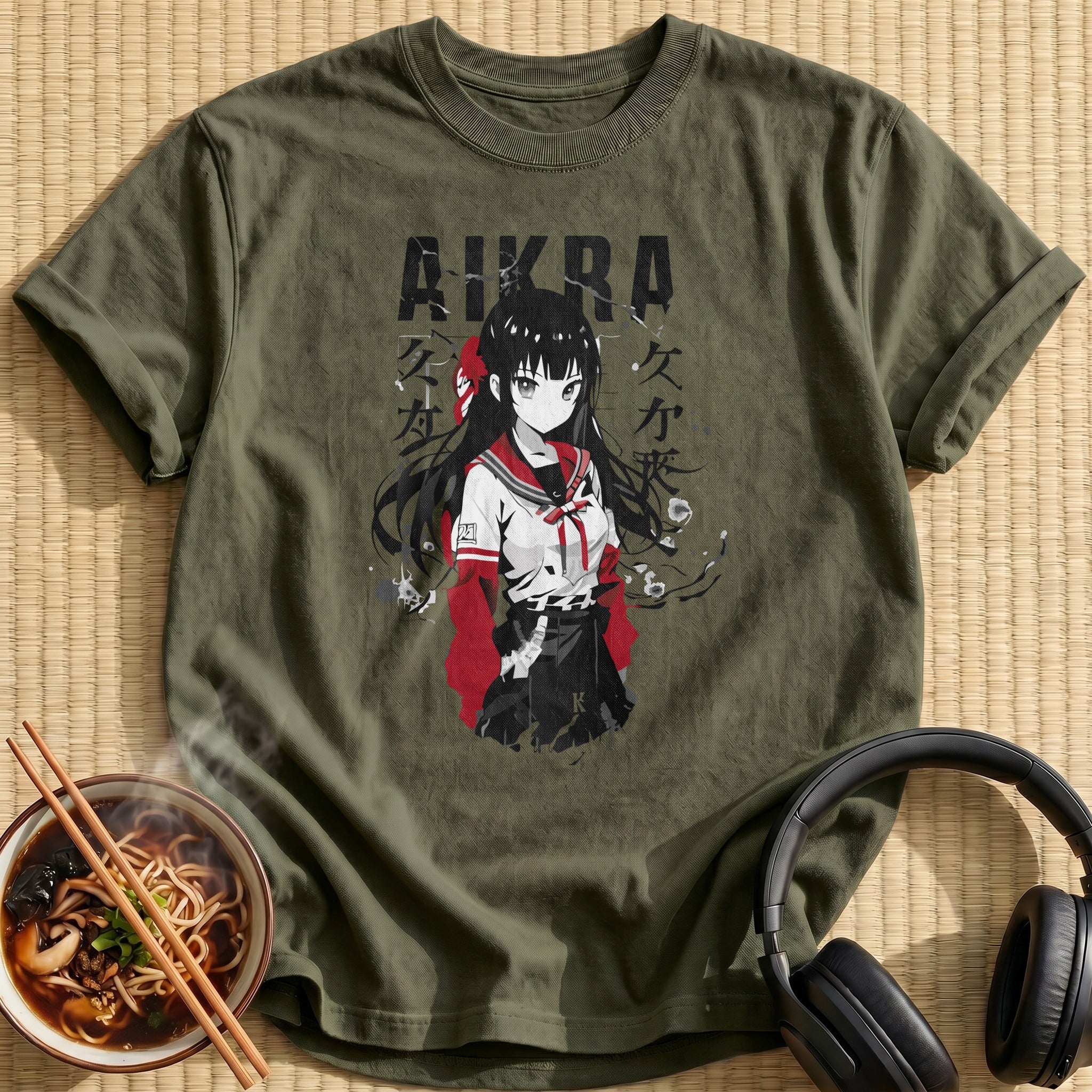 Aikra Schoolgirl Monochrome Red Accent - Military Green