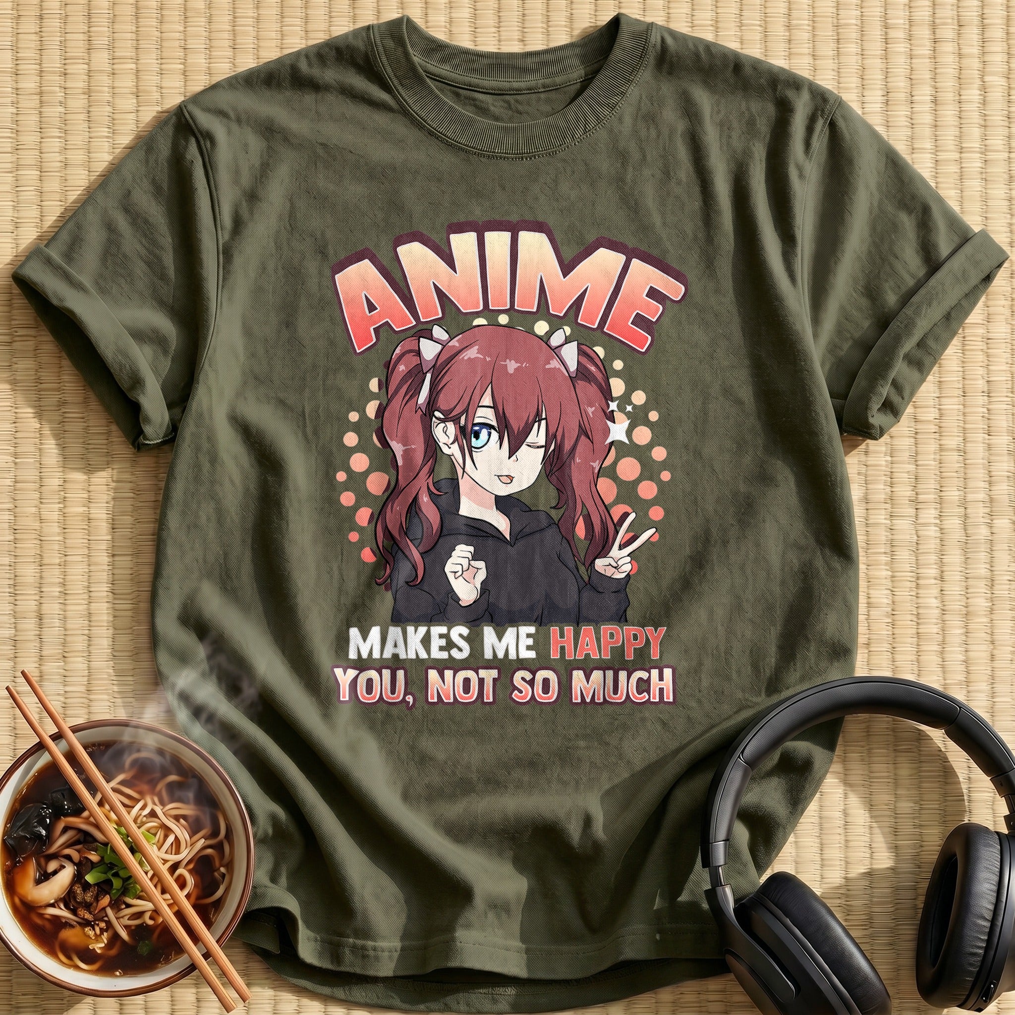 Anime Makes Me Happy Peace Sign - Military Green
