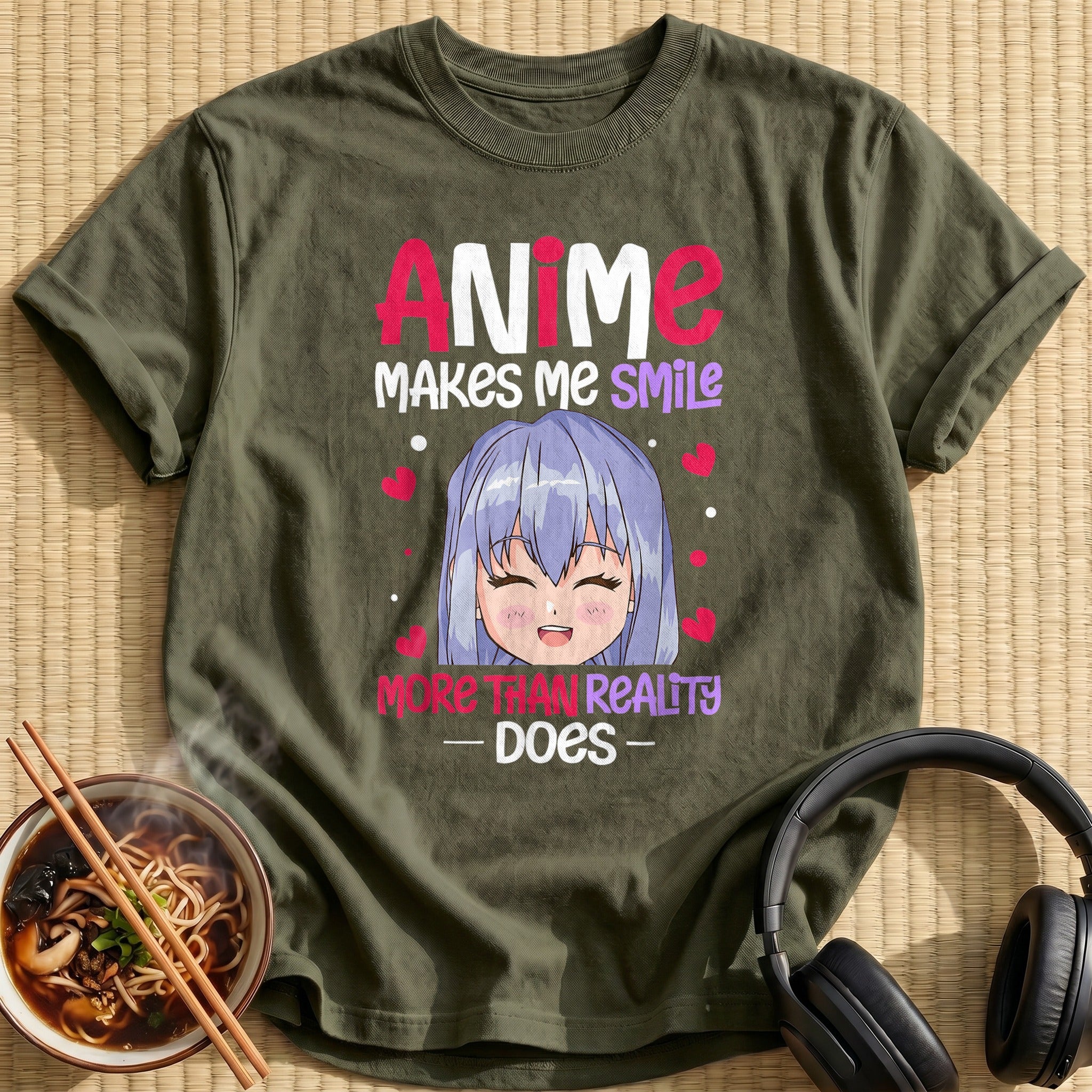 Anime Makes Me Smile Chibi Girl - Military Green
