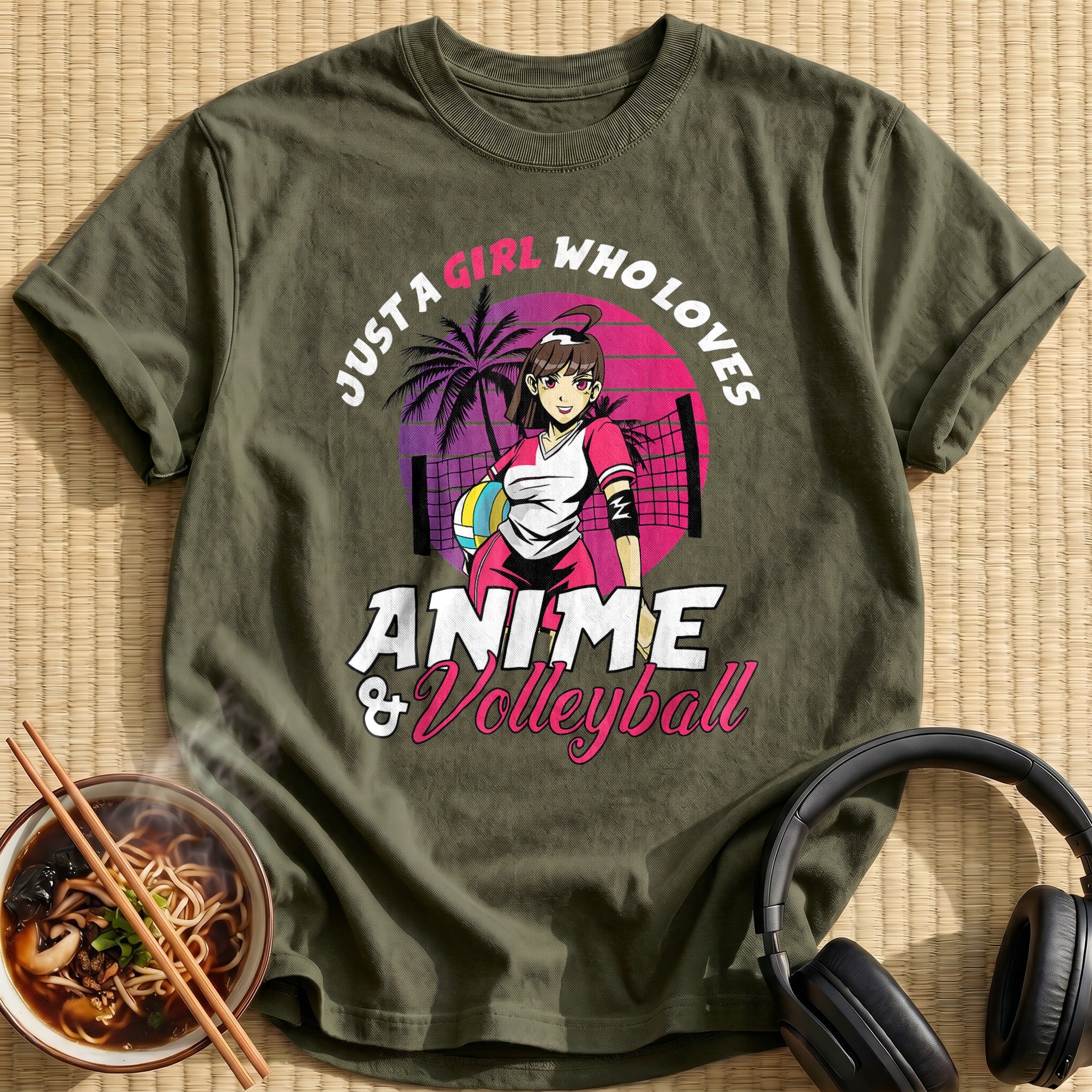 Anime Volleyball Girl Sunset Retro Style - Military Green