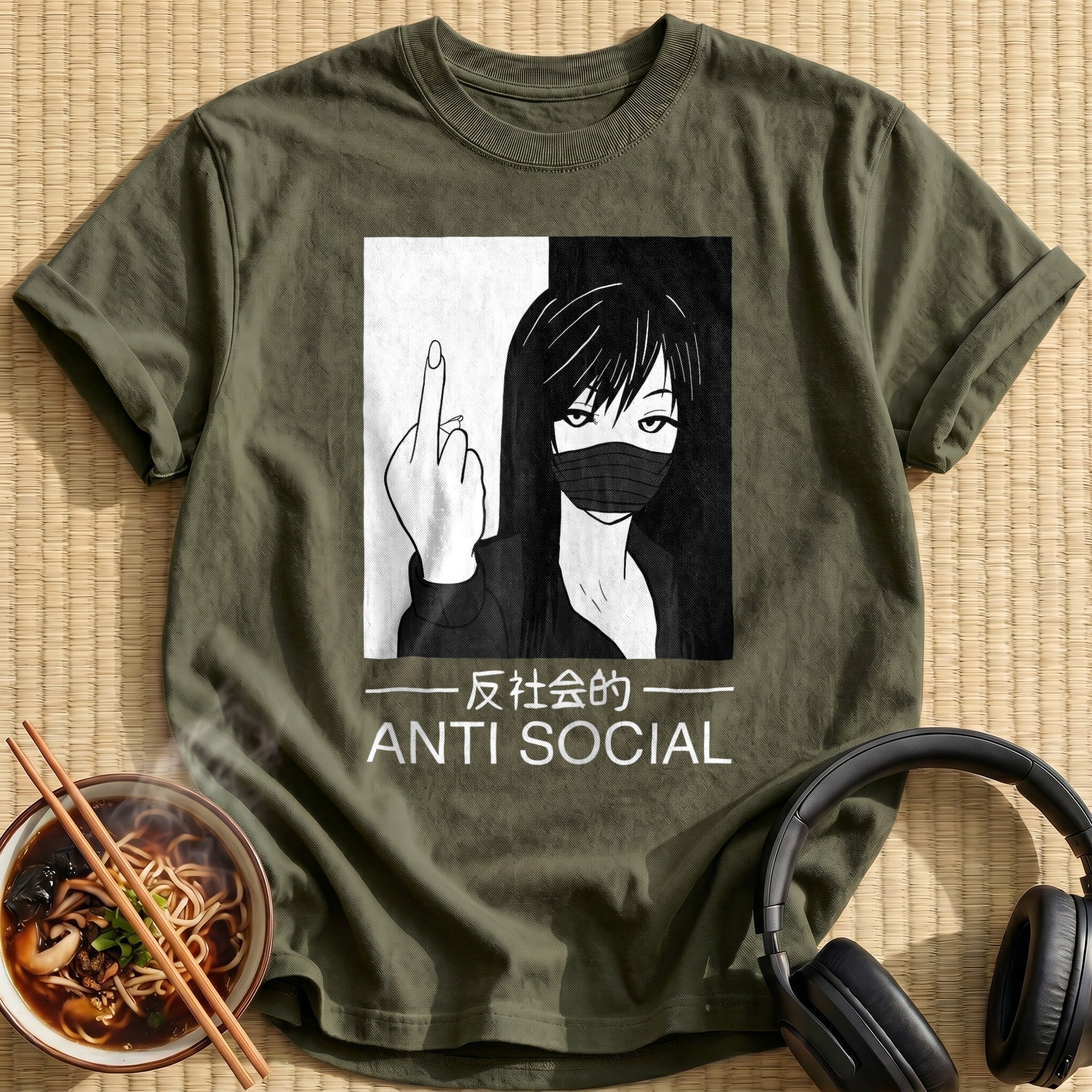 Anti Social Masked Anime Girl - Military Green