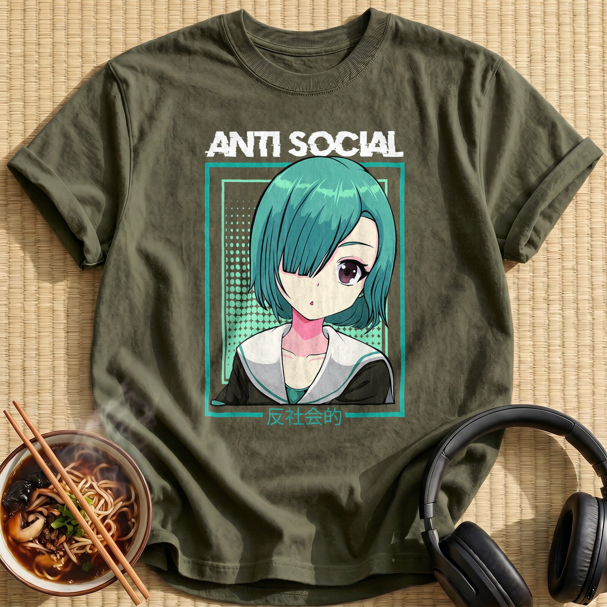 Anti Social Teal Hair Anime Girl - Military Green