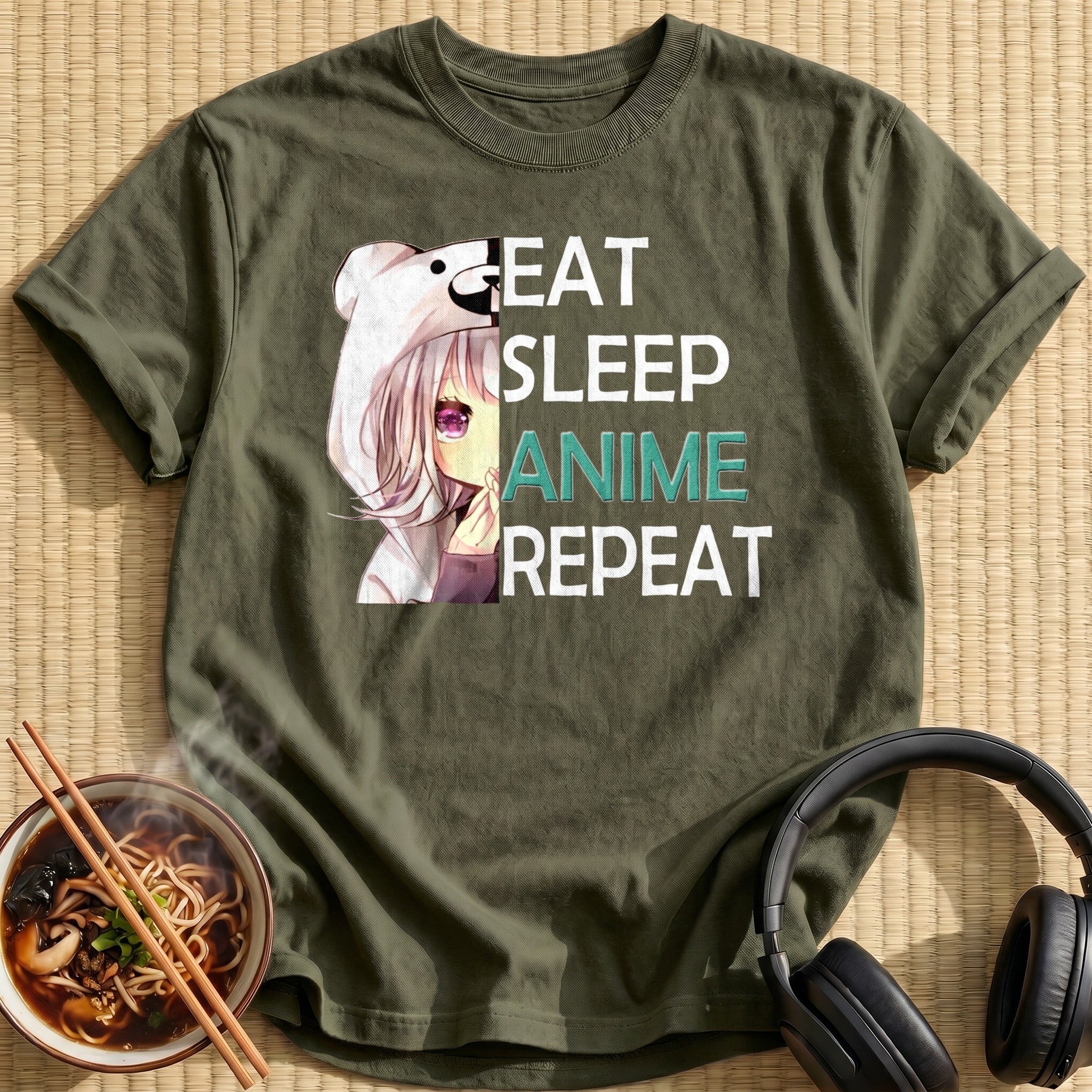 Bear Hoodie Girl Anime Text - Military Green