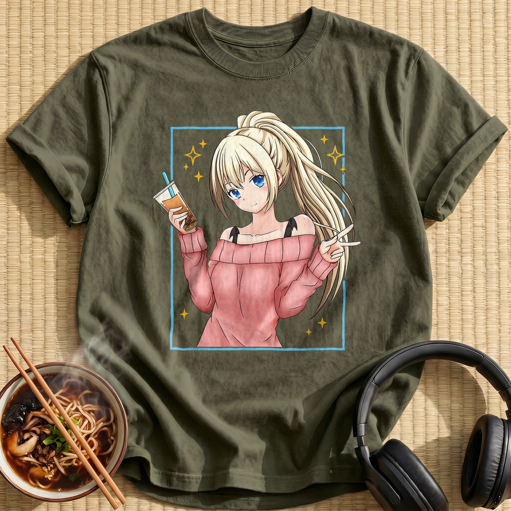 Blonde Anime Girl Bubble Tea - Military Green