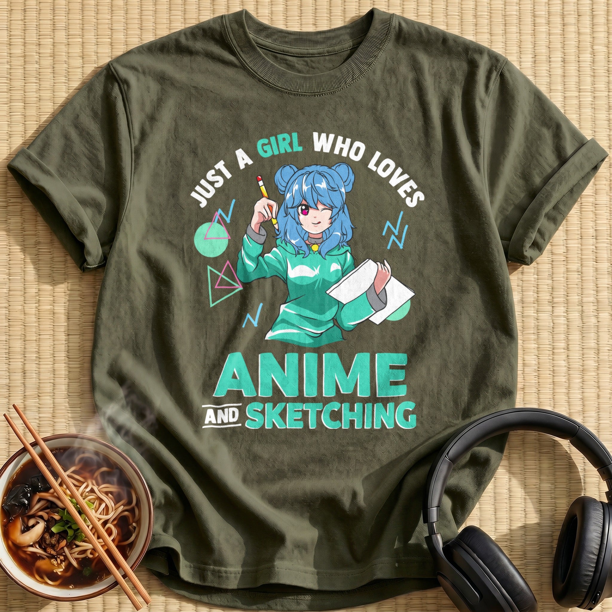 Blue Hair Sketching Girl Green Hoodie - Military Green