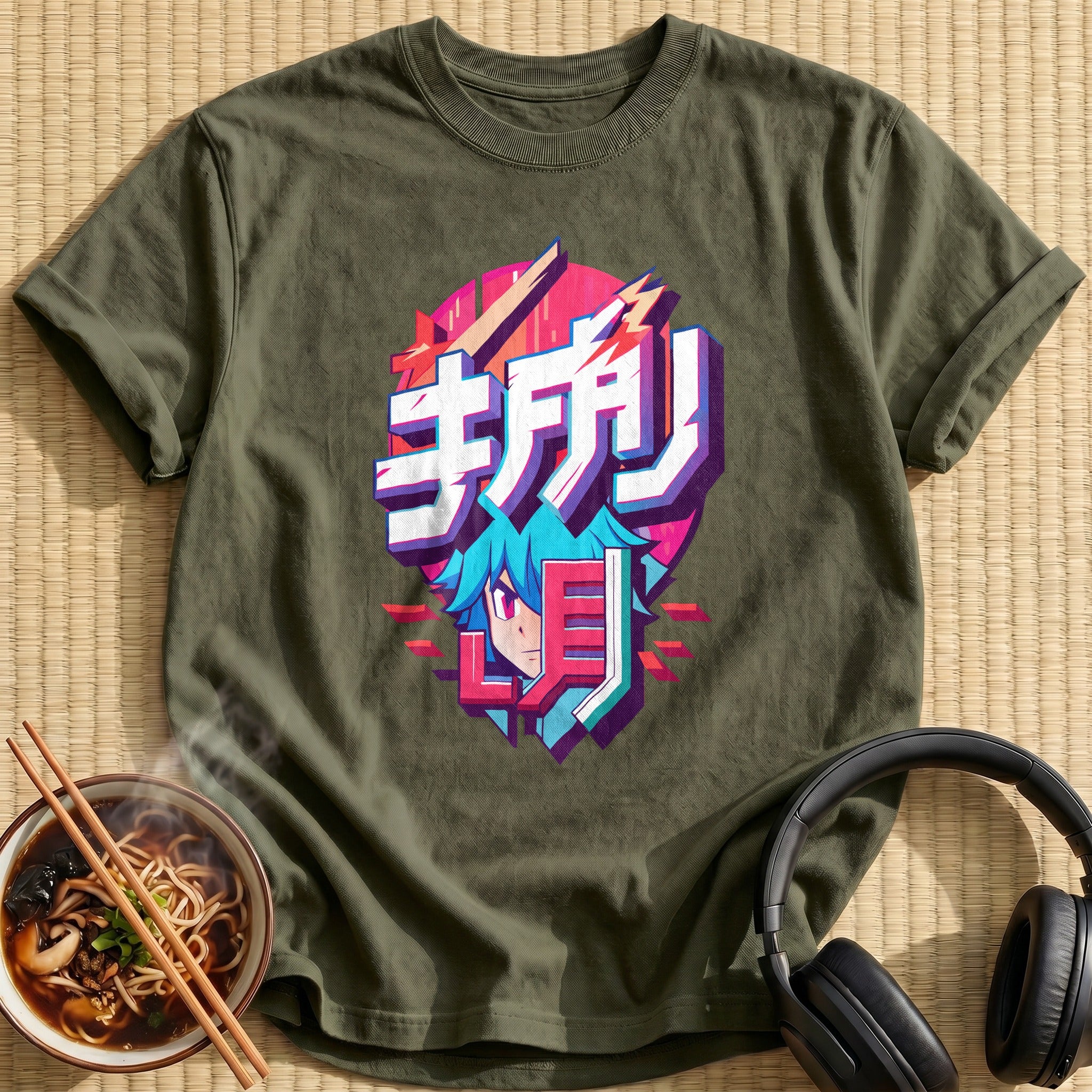 Blue Haired Anime Boy Typography - Military Green
