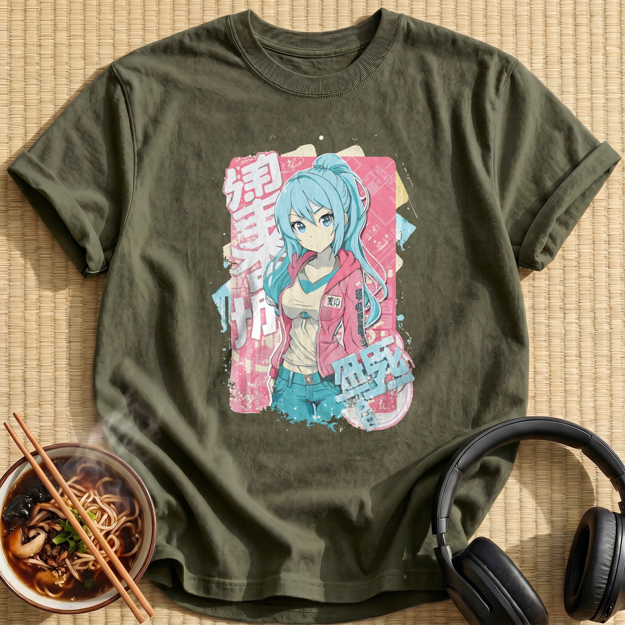 Blue Haired Girl Pink Jacket - Military Green