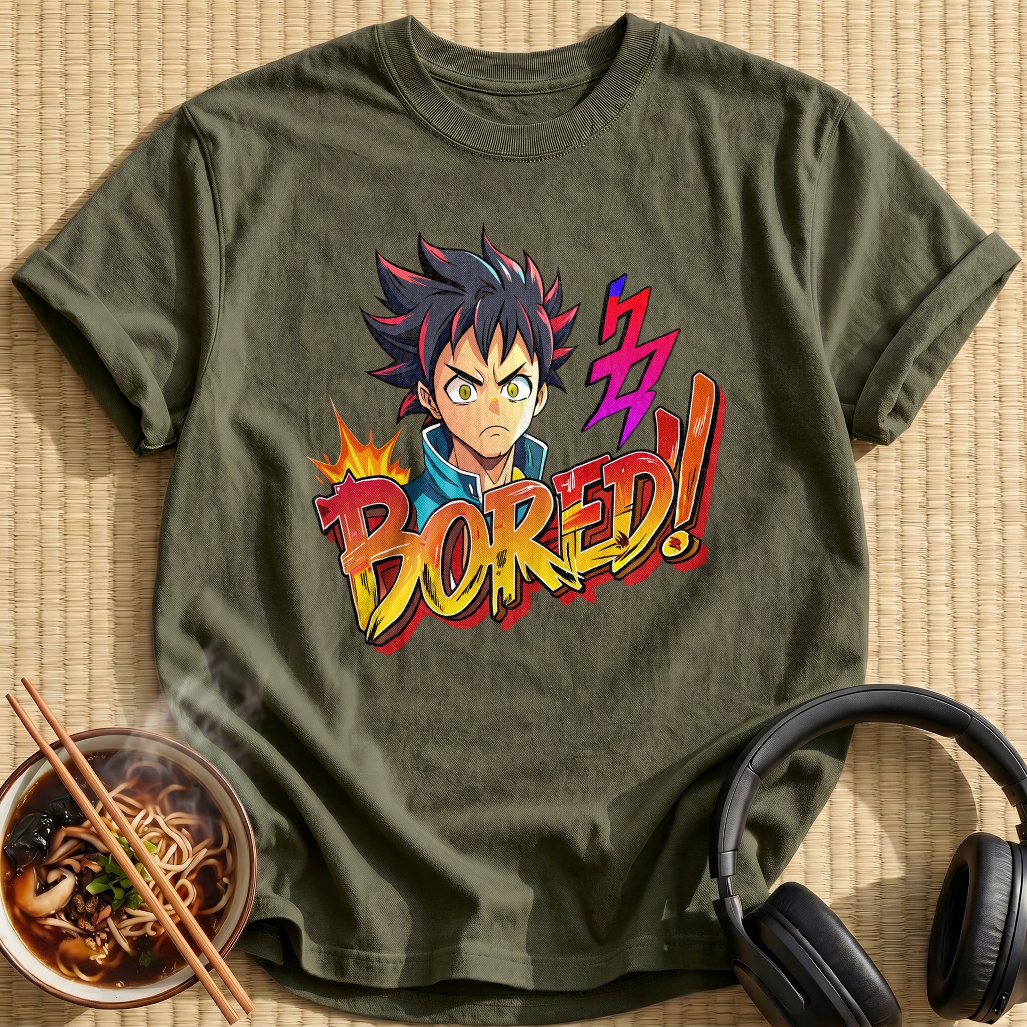 Bored Spiky Hair Anime Boy - Military Green