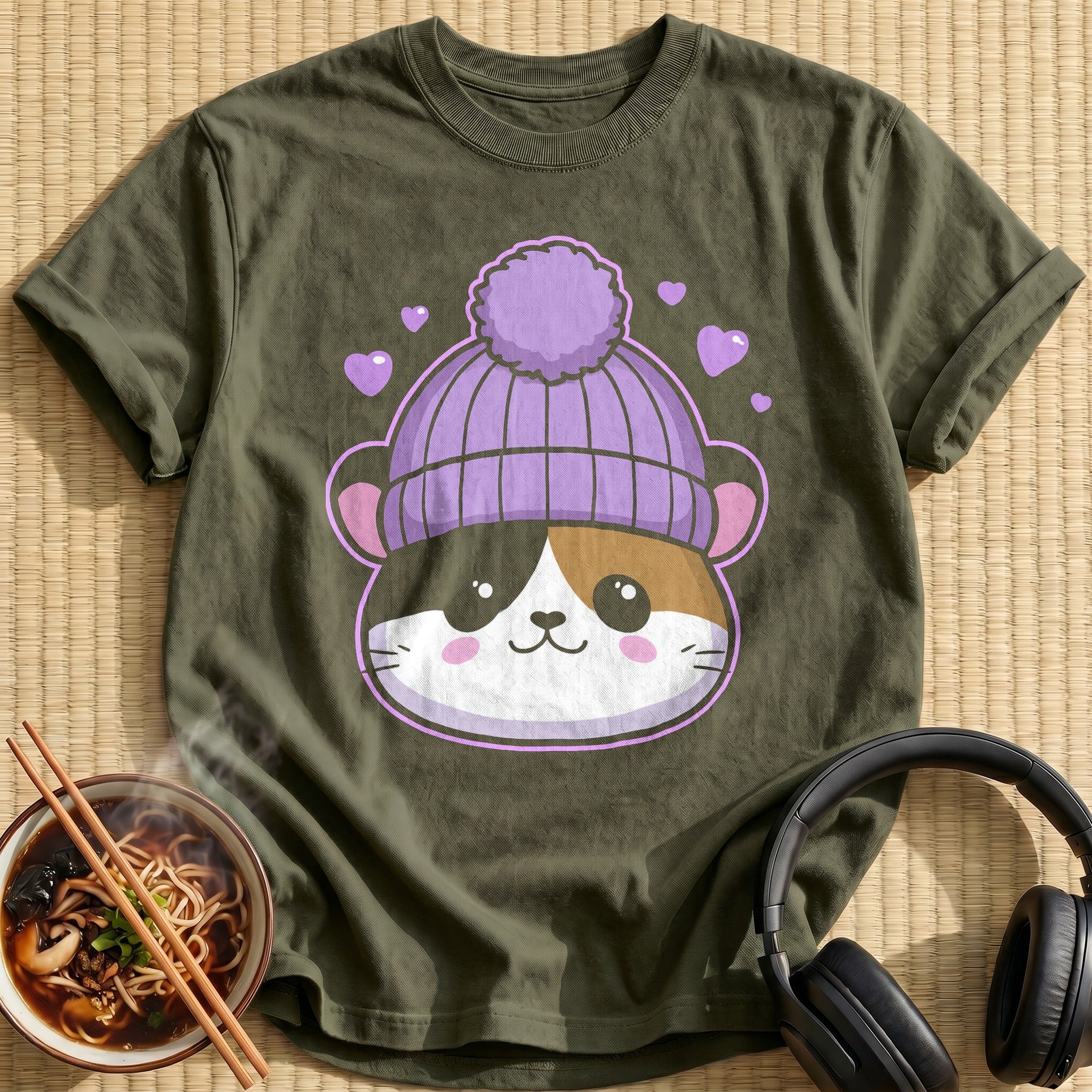 Calico Lavender Pom Beanie