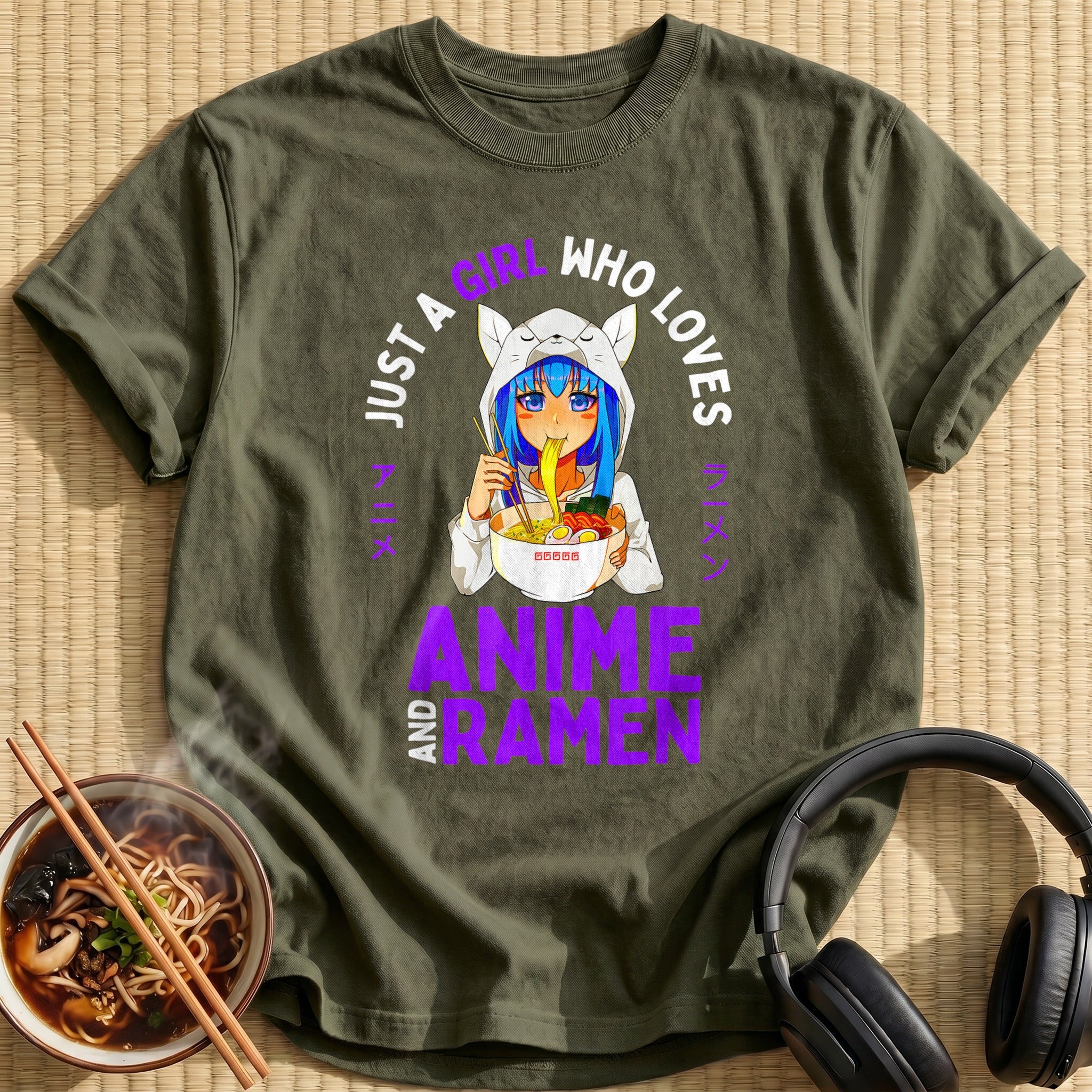 Cat Hoodie Girl Eating Ramen Noodles - Military Green