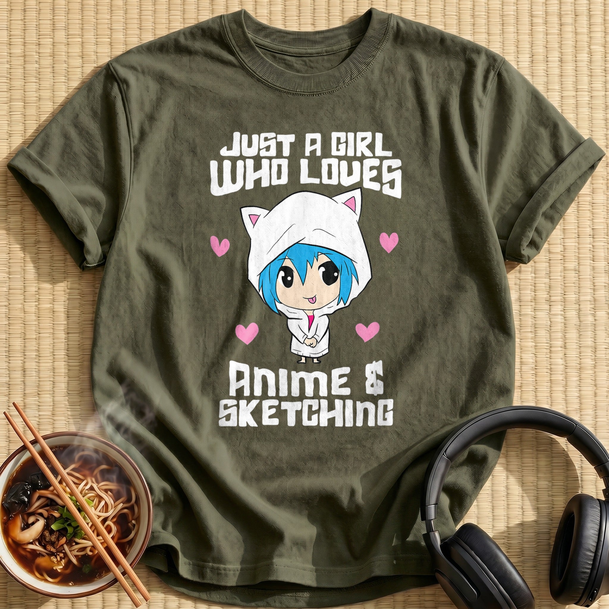 Chibi Blue Hair Cat Hood Girl - Military Green
