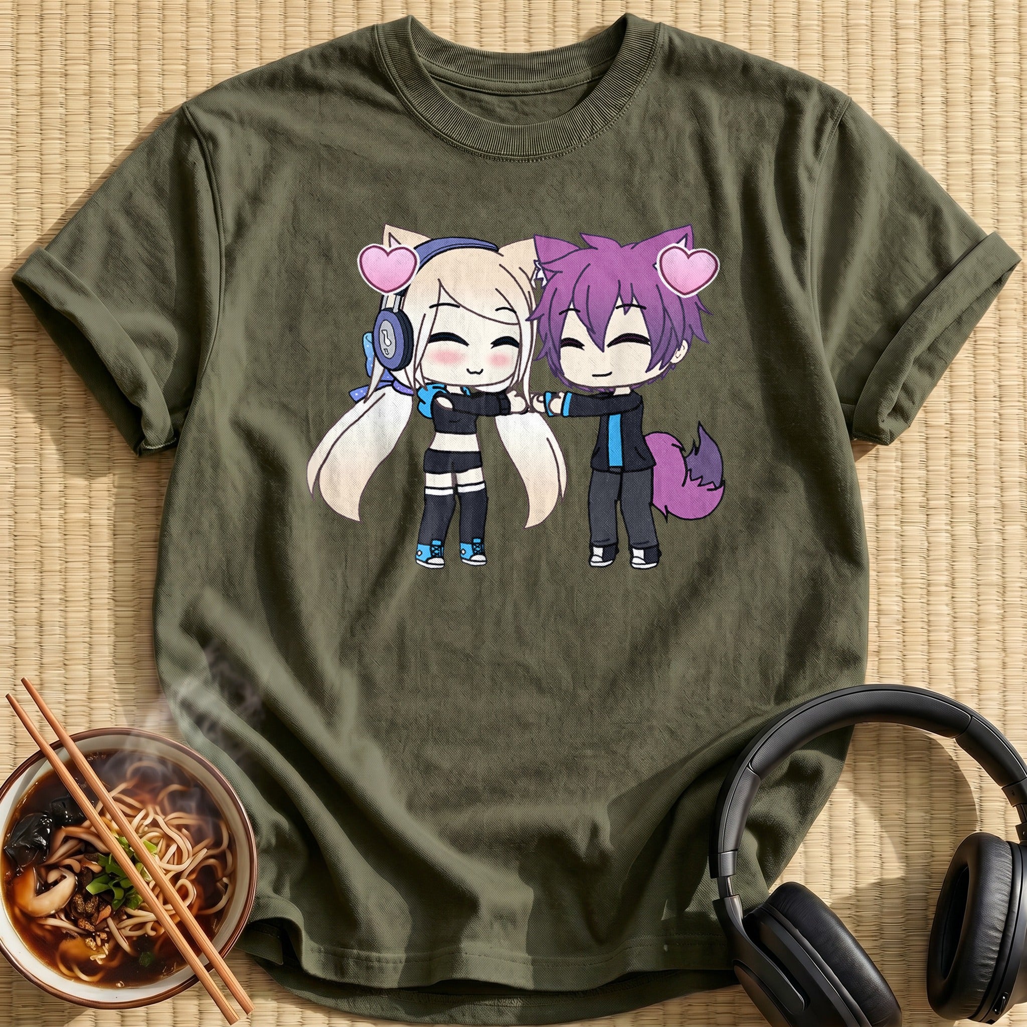 Chibi Cat Ear Couple Hearts - Military Green
