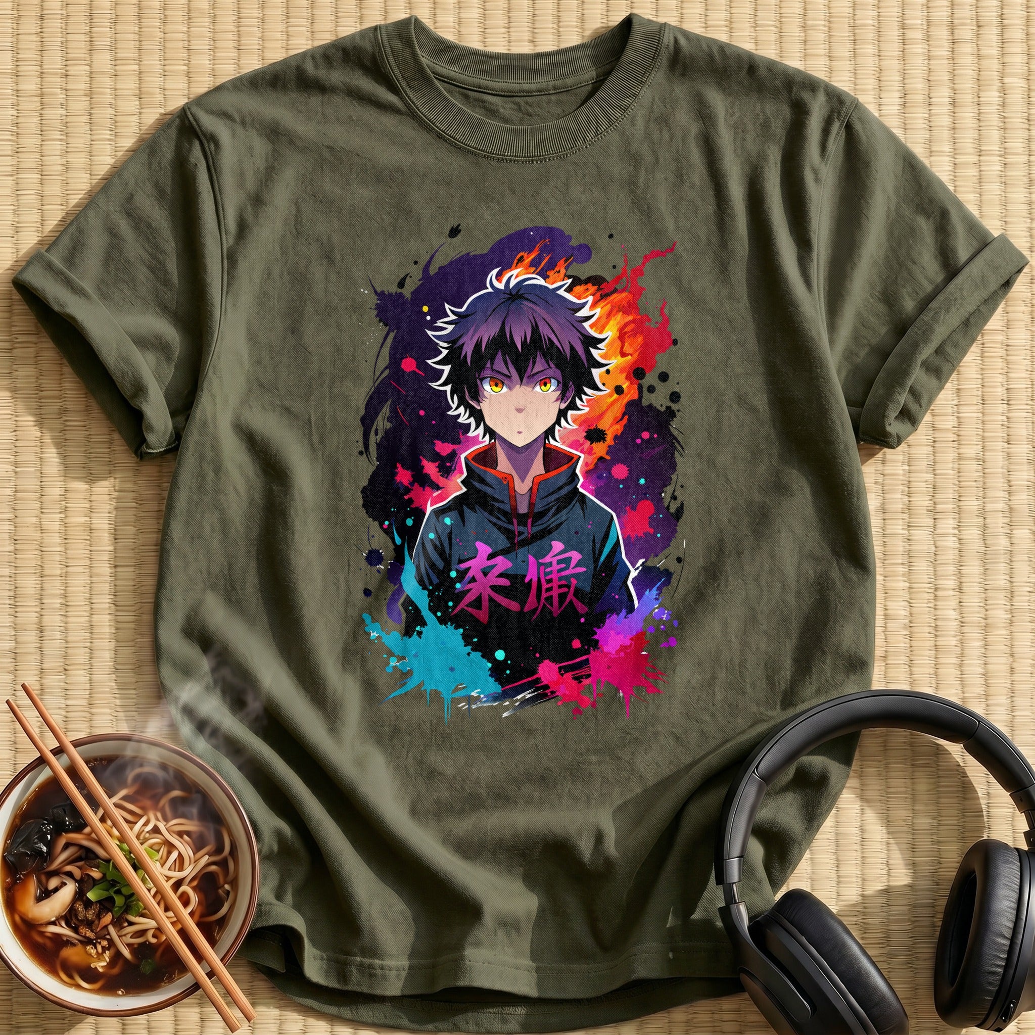 Colorful Ink Splatter Anime Boy Flames - Military Green
