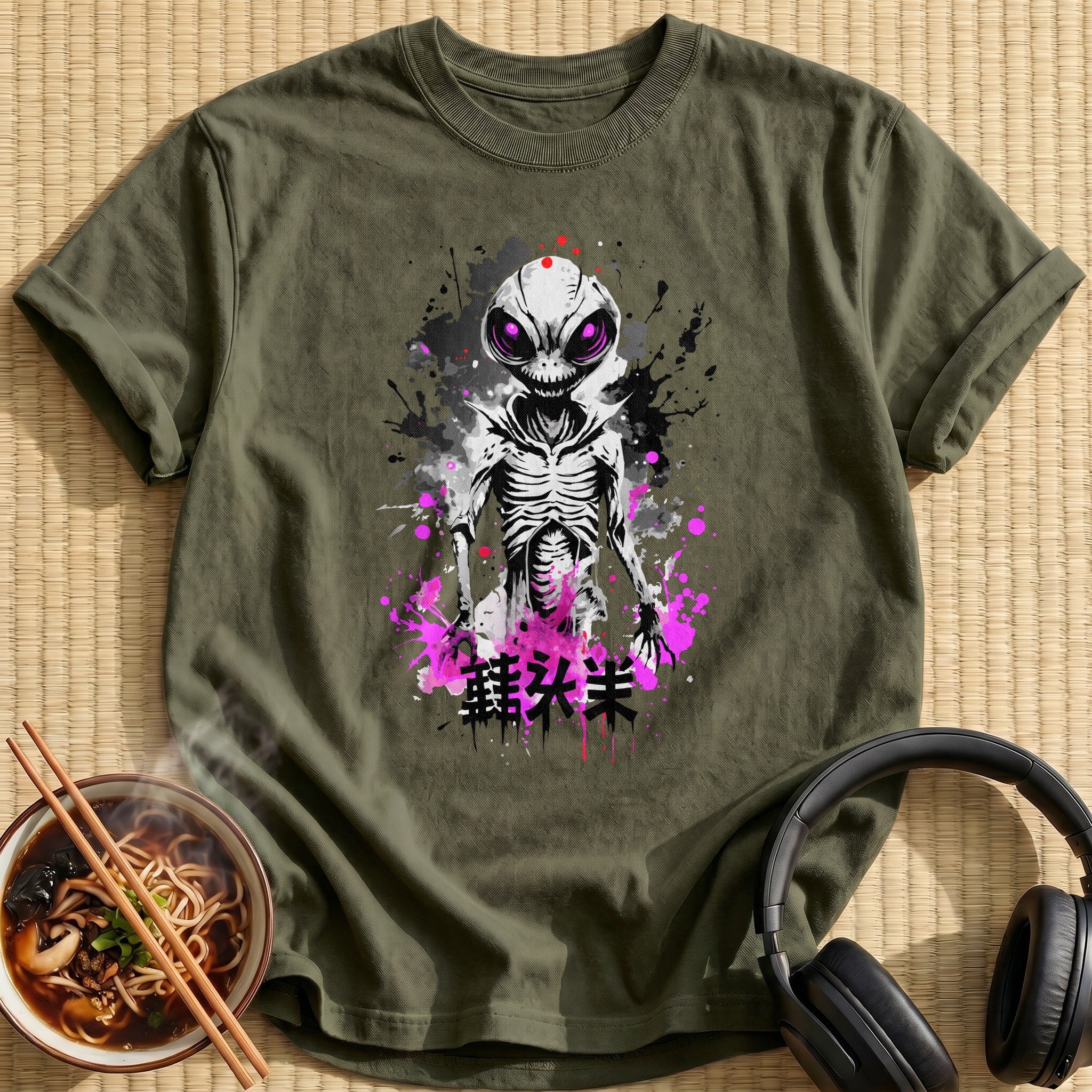 Creepy Grinning Alien Ink Splatter - Military Green