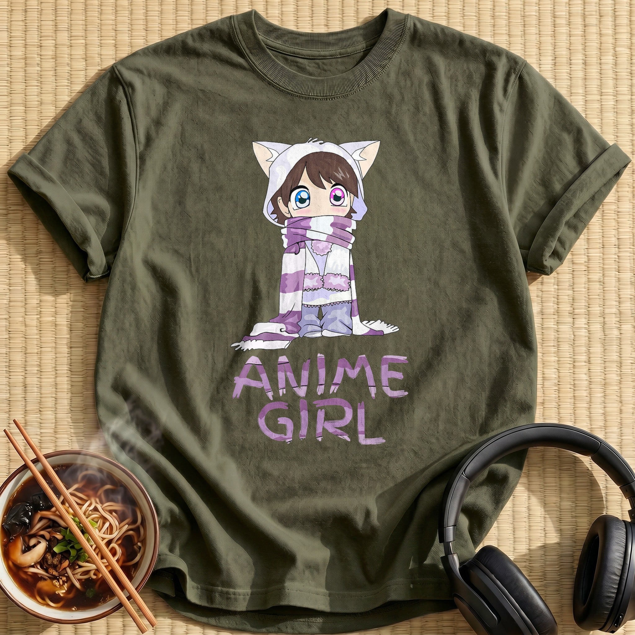 Cute Chibi Girl Kitty Hoodie - Military Green