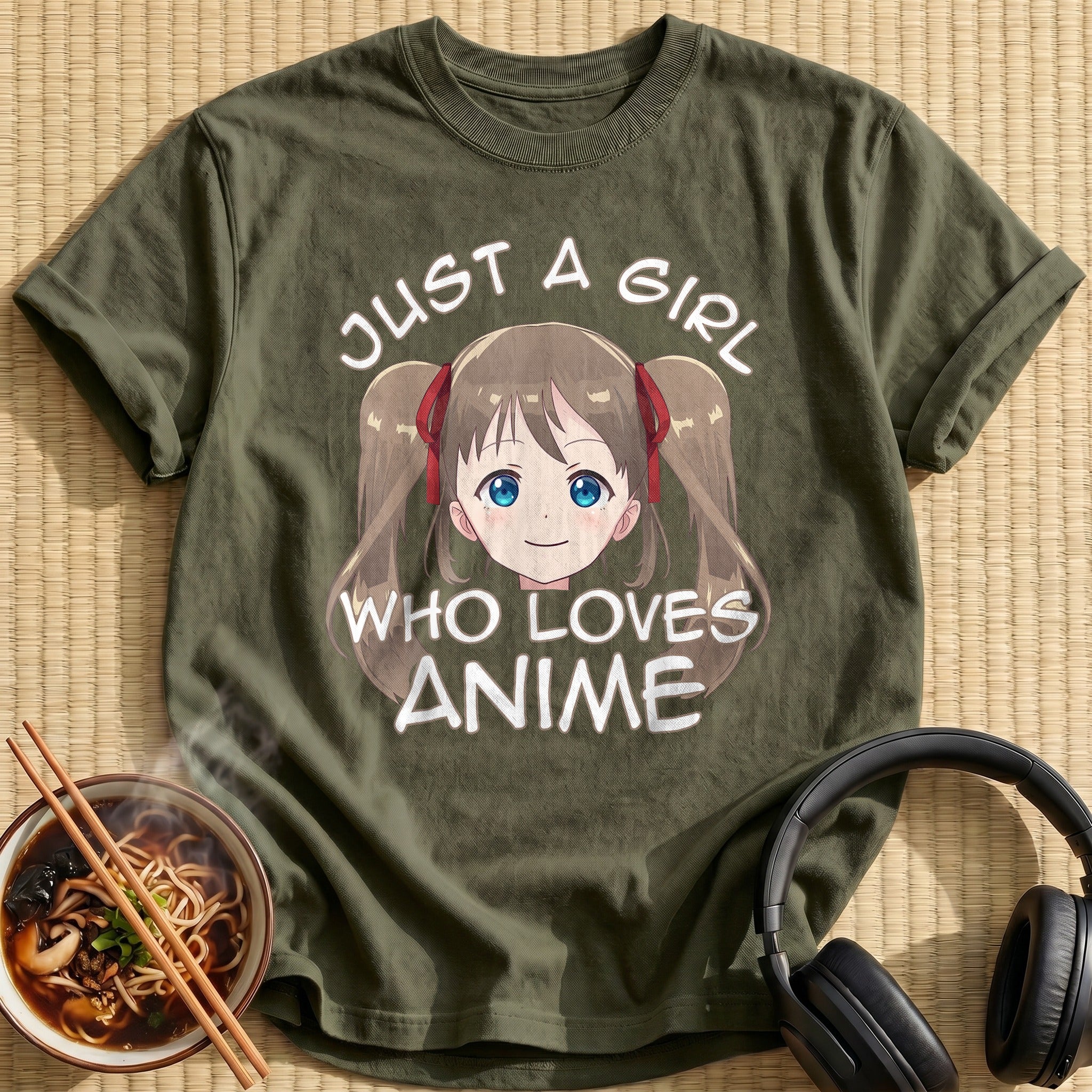 Cute Pigtail Girl Blue Eyes Smiling - Military Green
