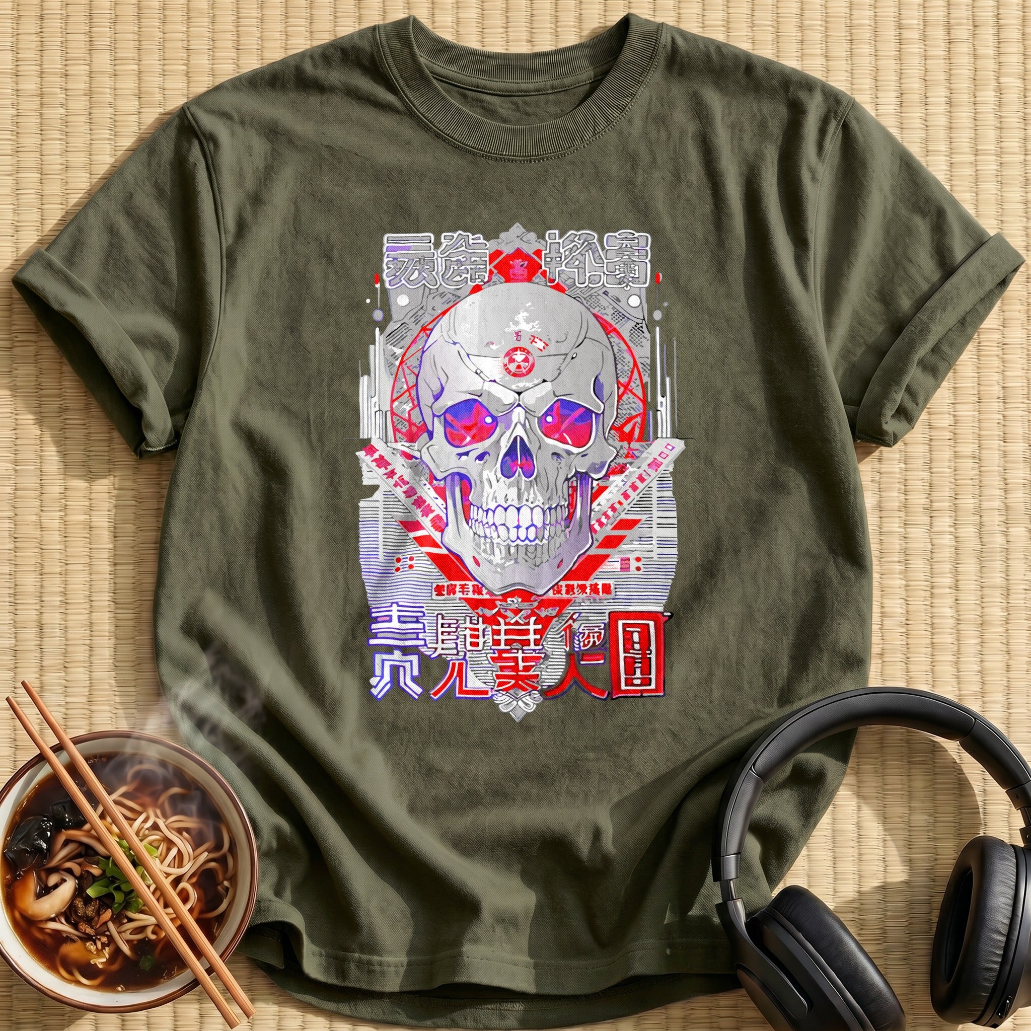 Cyber Pentagram Skull Red Eyes - Military Green