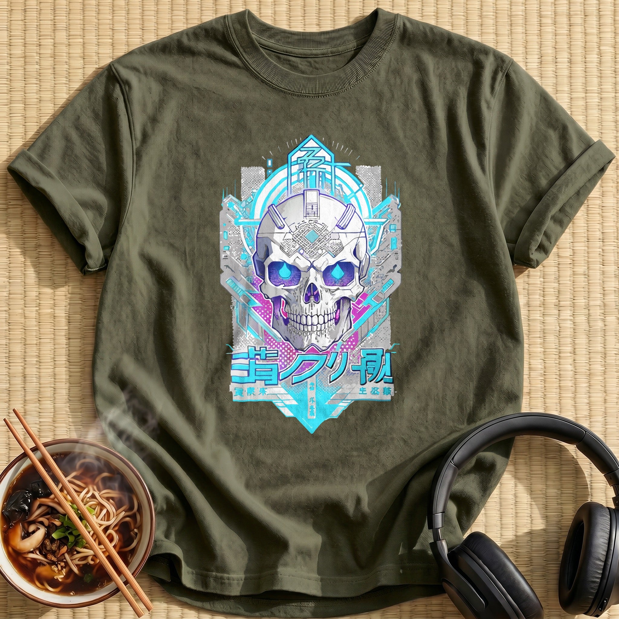 Cyberpunk Blue Cyborg Tech Skull - Military Green