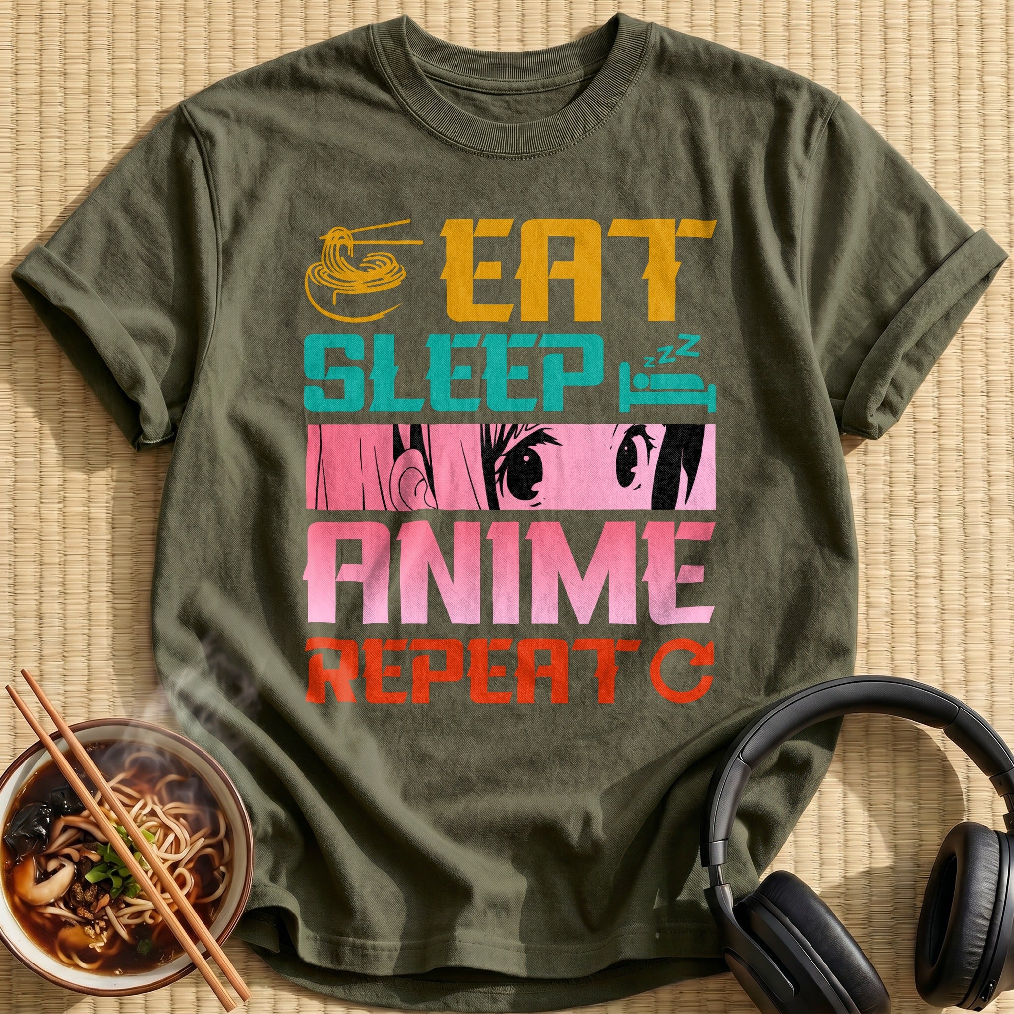 Eat Sleep Anime Repeat Slogan - Military Green