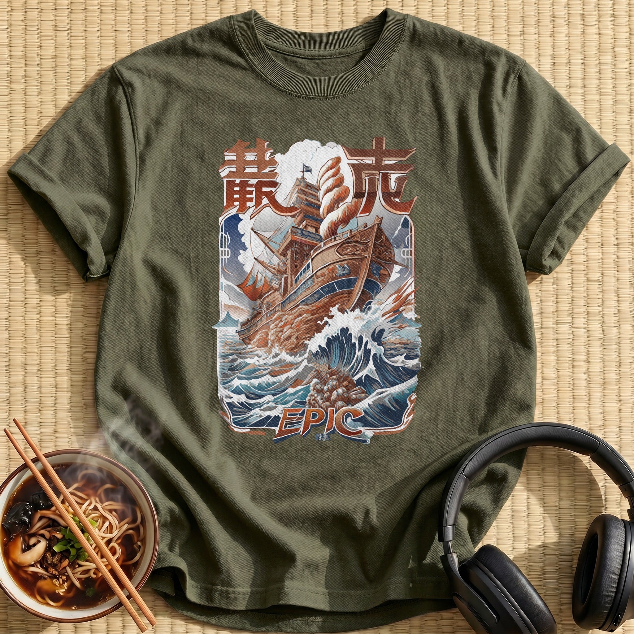 Epic Ship Riding Ocean Waves - Military Green