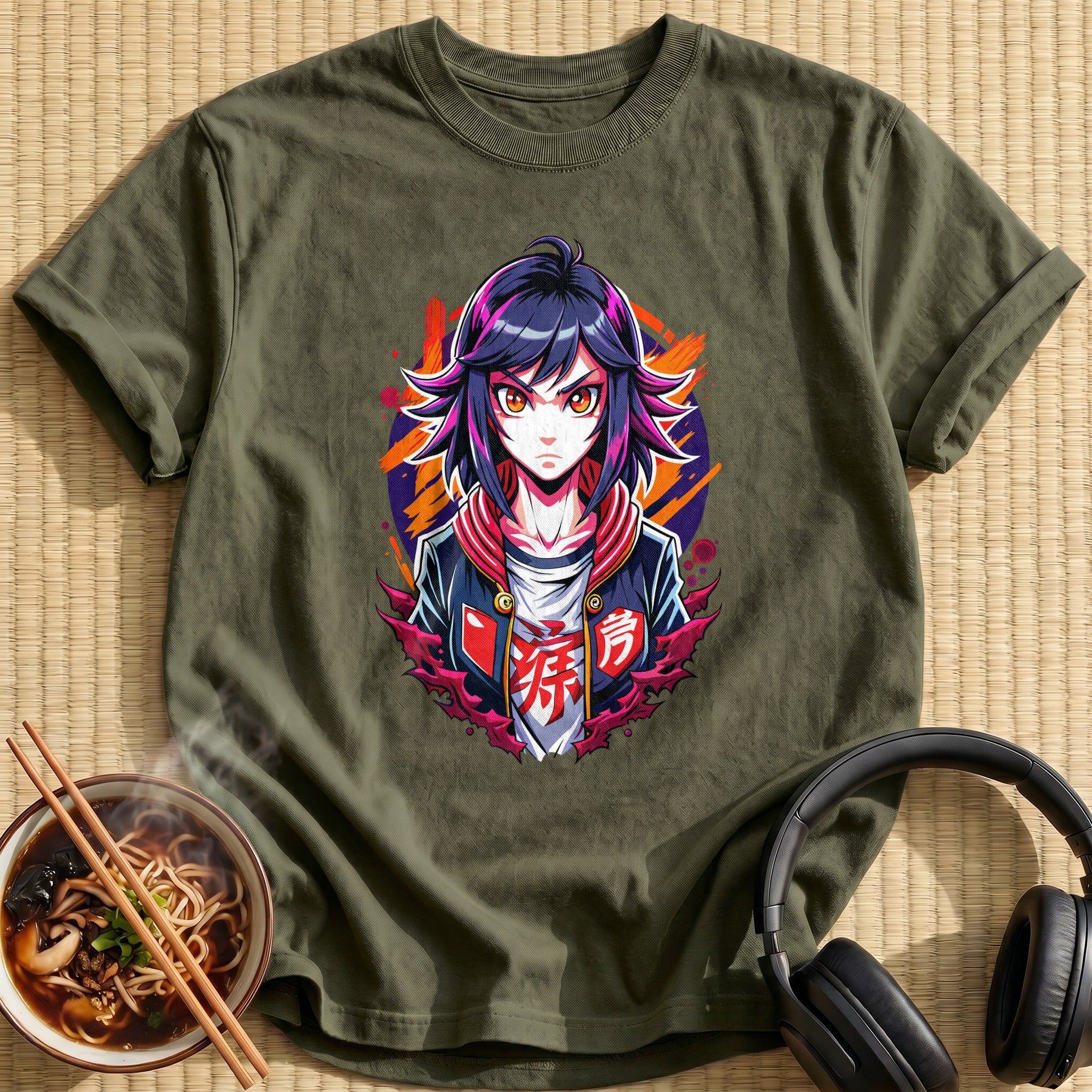 Fierce Glaring Anime Girl Jacket - Military Green