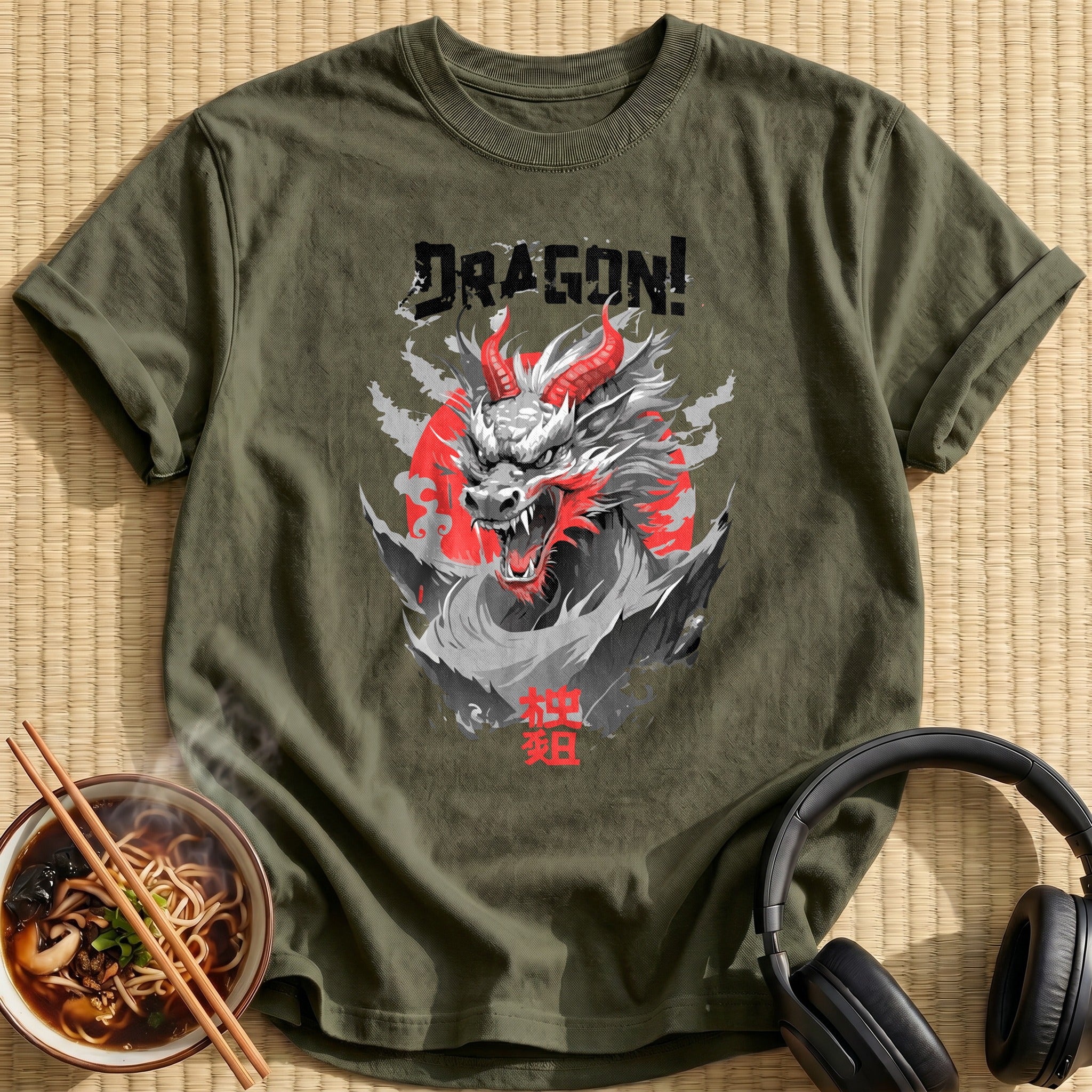 Fierce Horned Dragon Head Roaring - Military Green