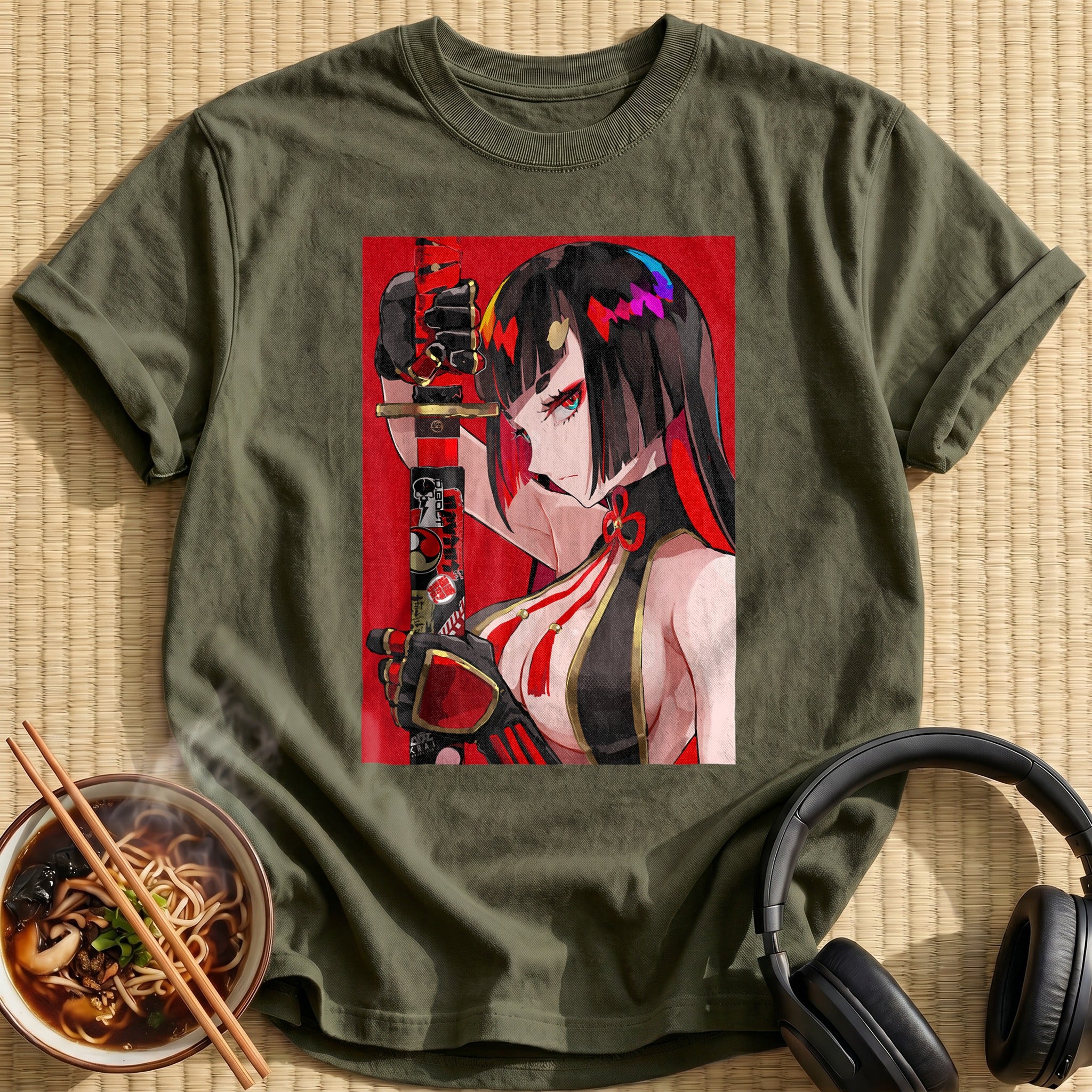 Fierce Katana Warrior Waifu Red Background - Military Green