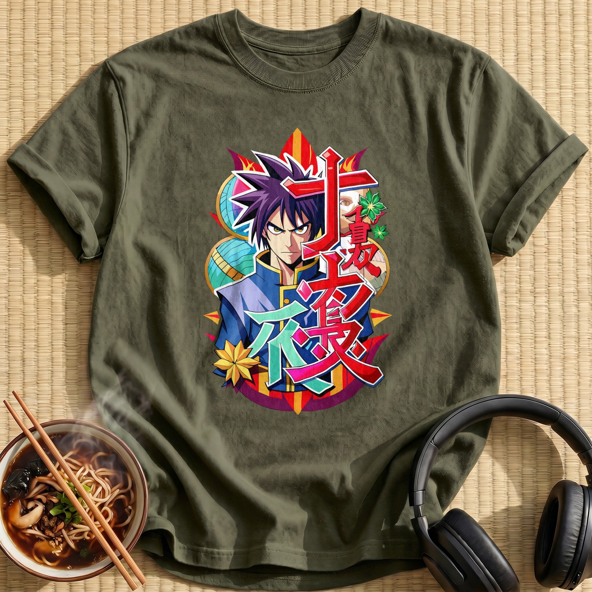 Fierce Spiky Haired Anime Hero - Military Green
