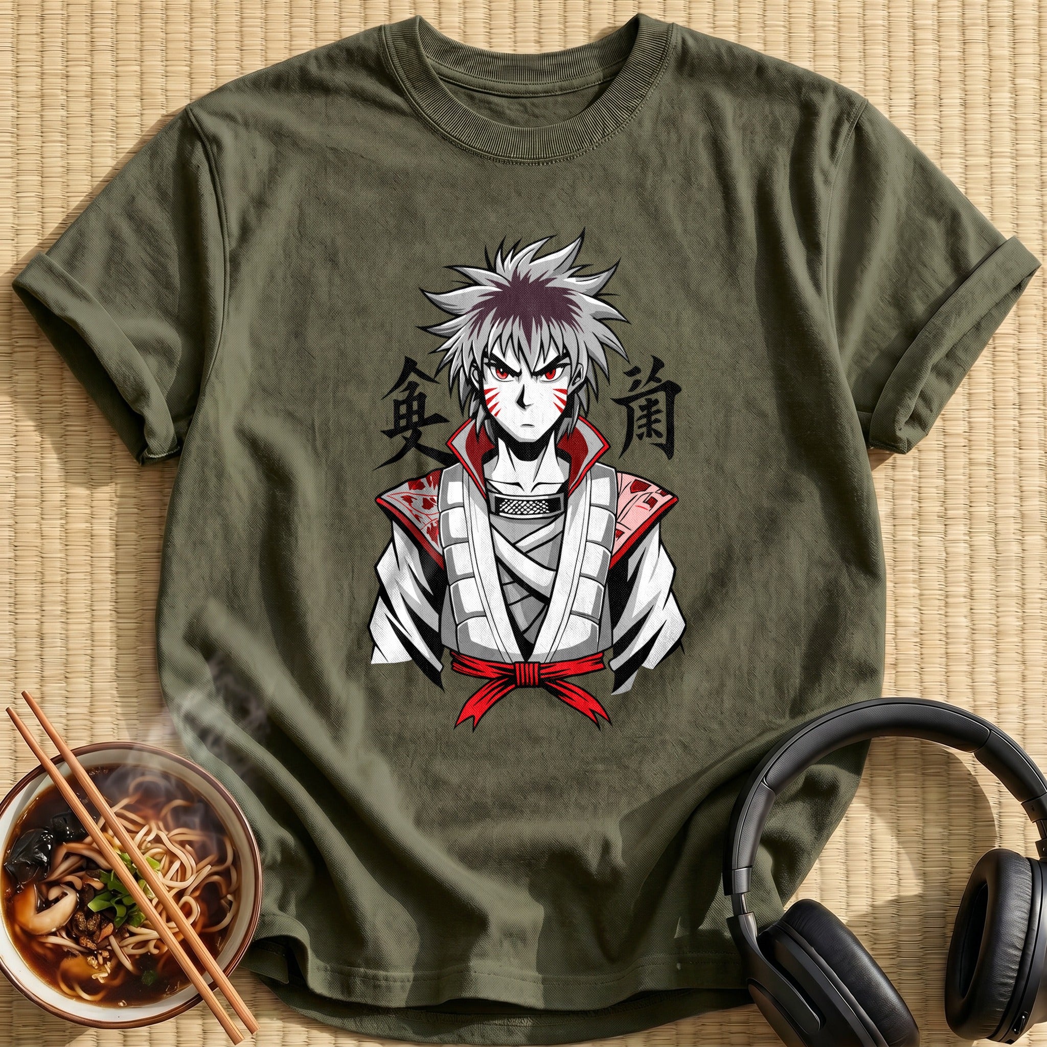 Fierce White Haired Samurai Warrior - Military Green