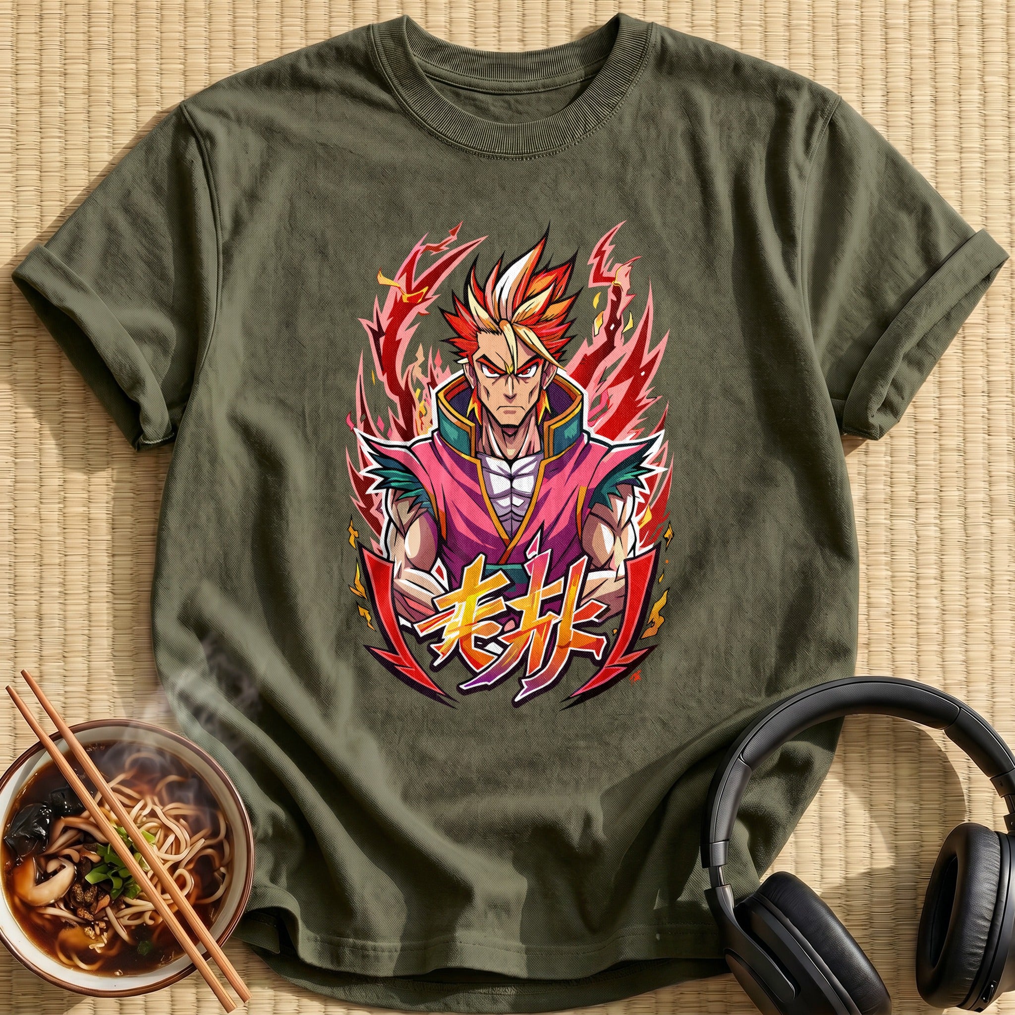 Fiery Flame Haired Anime Fighter - Military Green