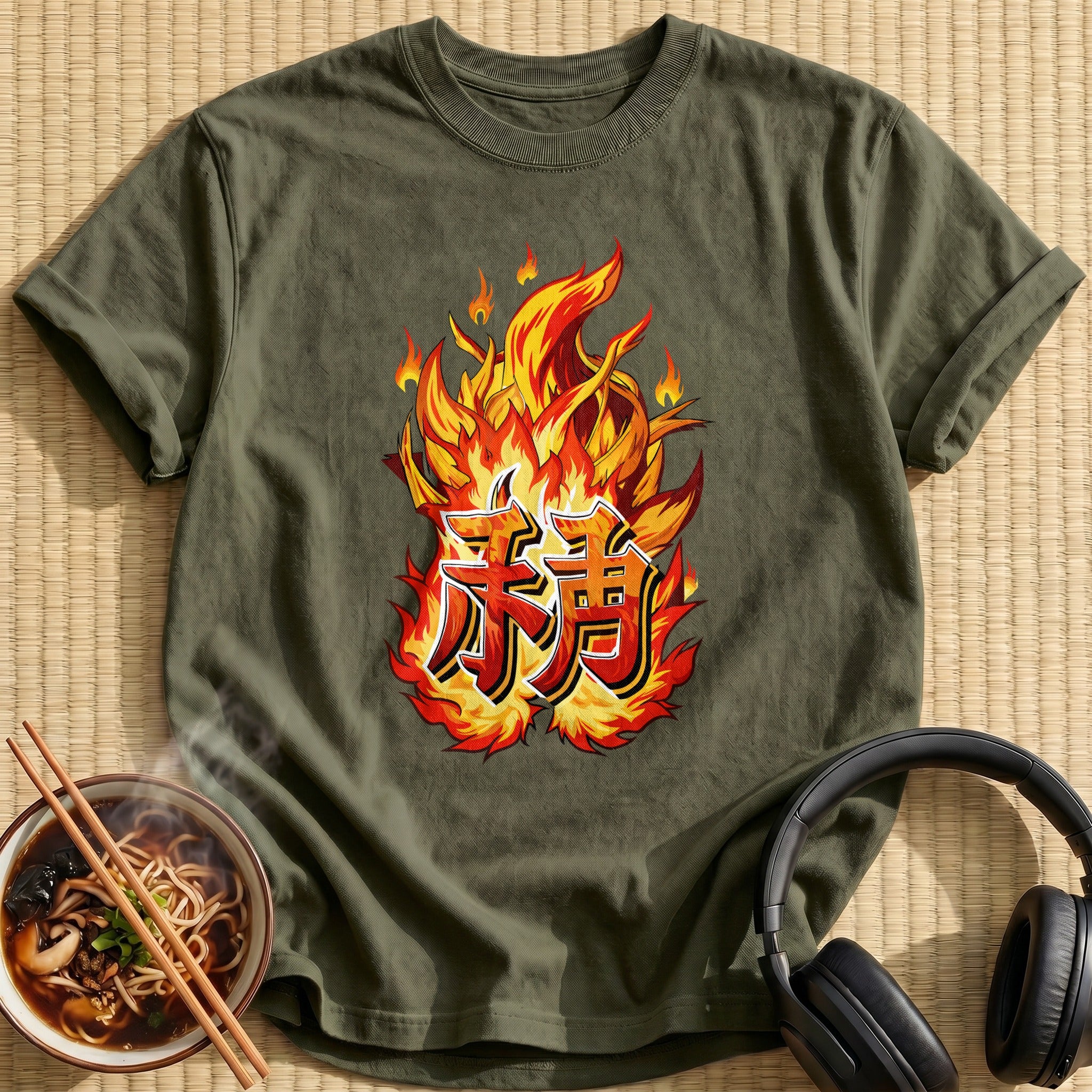 Fiery Japanese Kanji Flame Lettering - Military Green