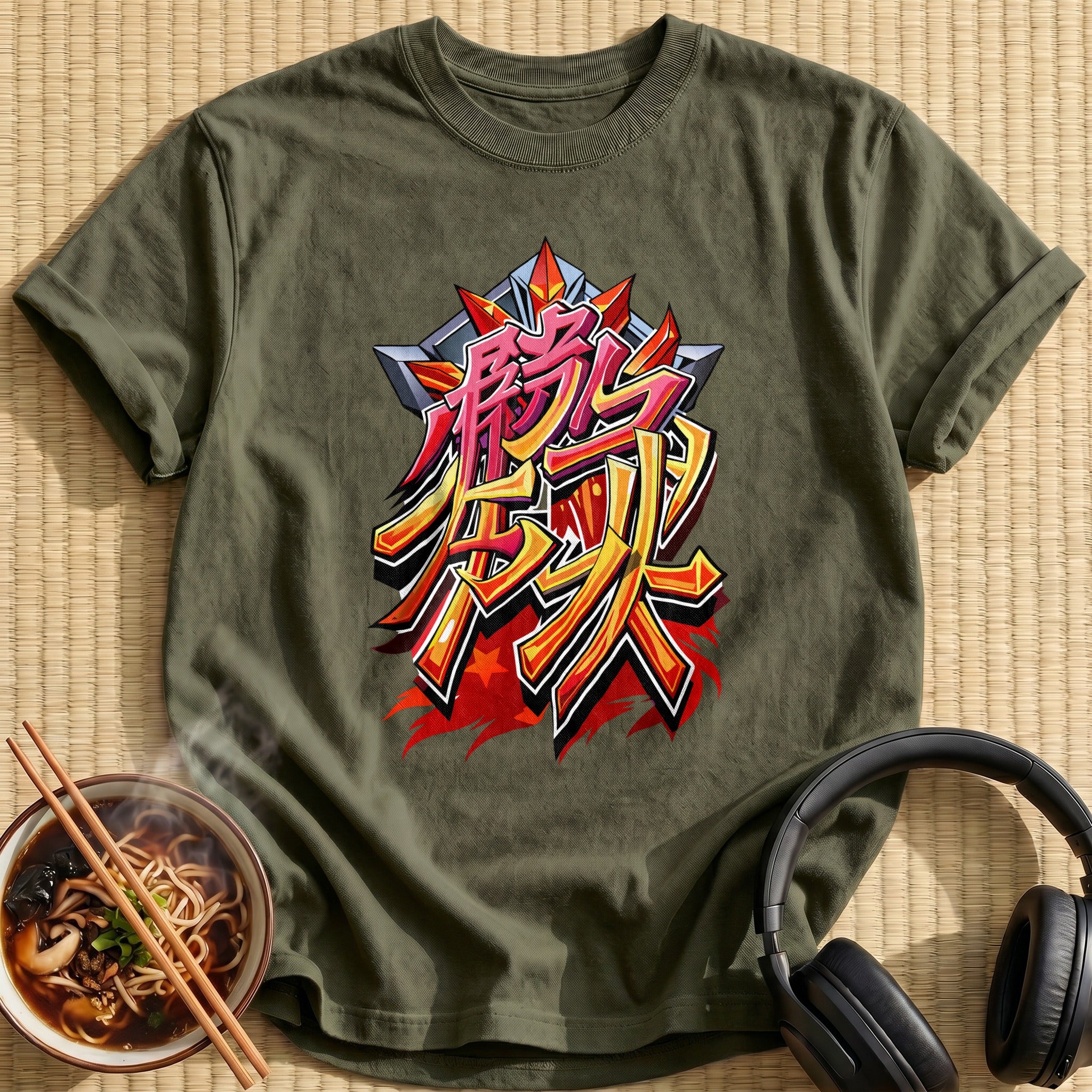 Fiery Red Kanji Graffiti Lettering - Military Green
