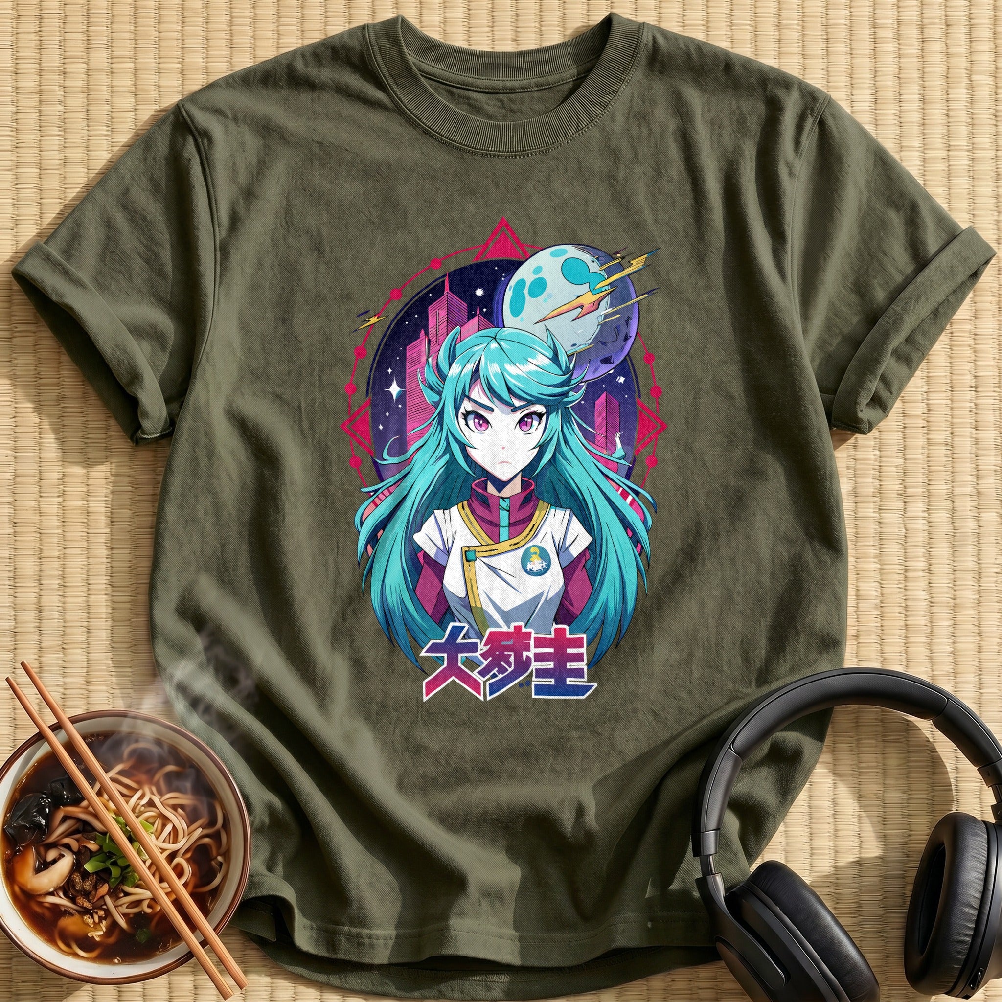 Futuristic Space City Anime Girl - Military Green